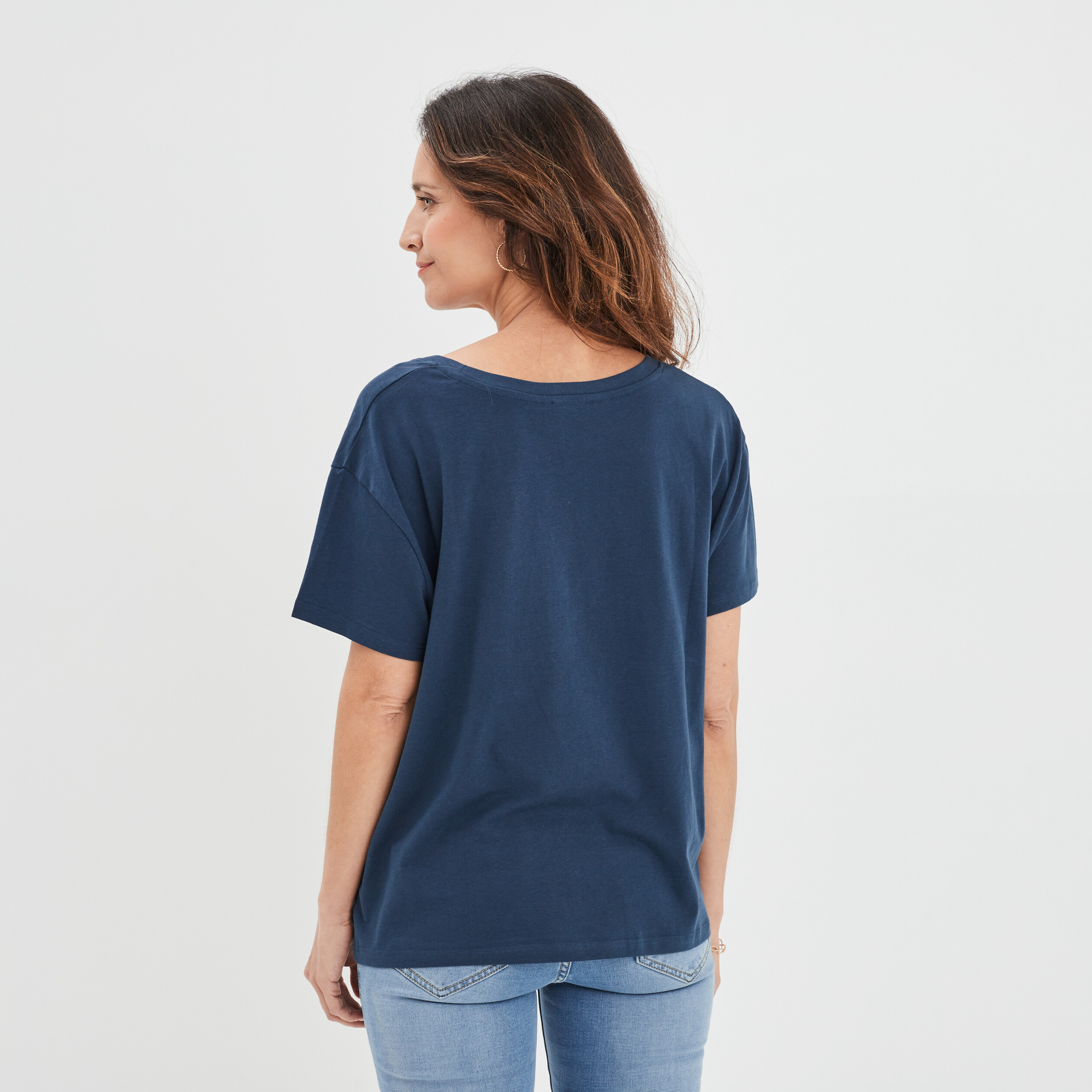 T-shirt col rond manches courtes coton bleu pétrole femme | La Halle
