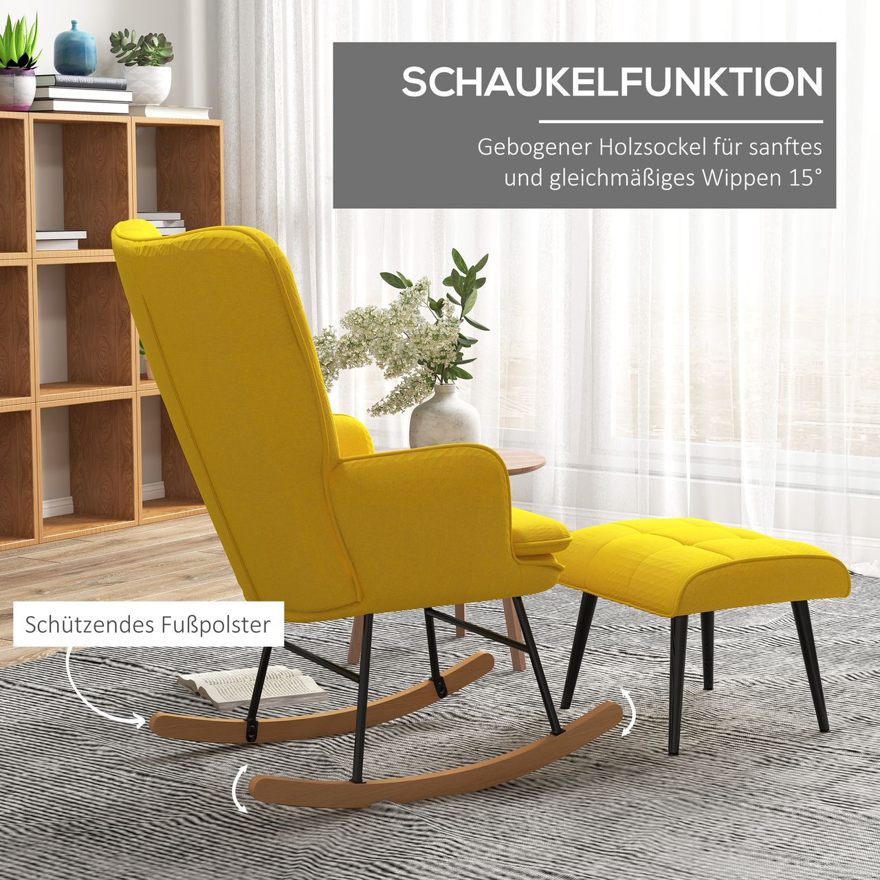 HOMCOM Schaukelstuhl Schwingsessel mit Hocker Relaxsessel mit Leinenoptik