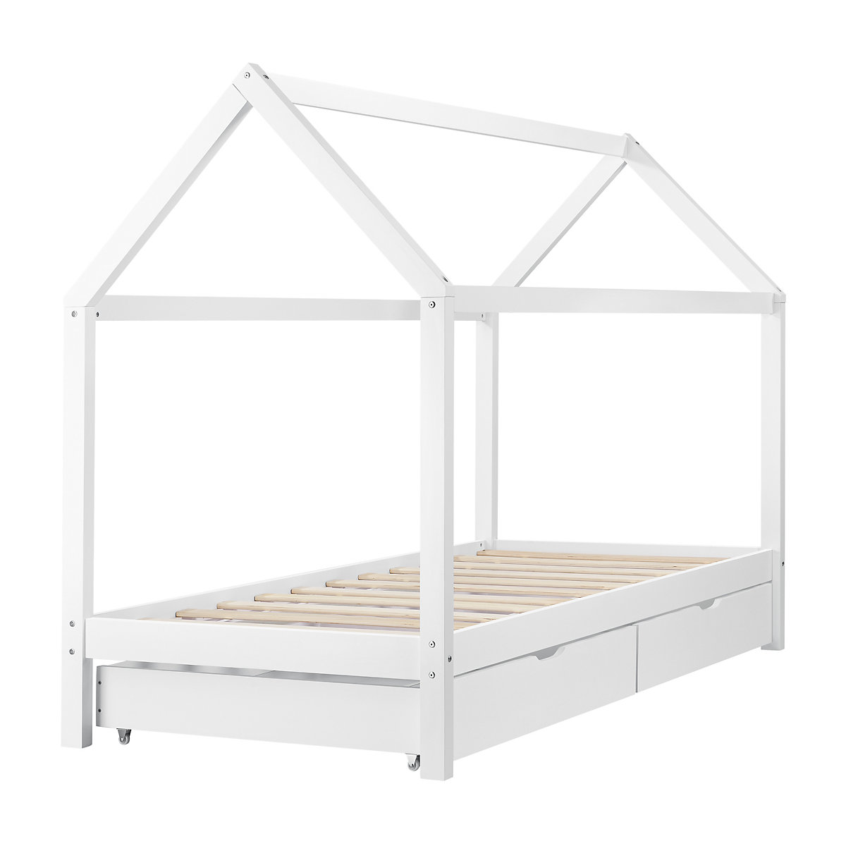 Kinderbett mit Bettkasten und Kaltschaummatratze 90x200cm Haus Holz Weiß