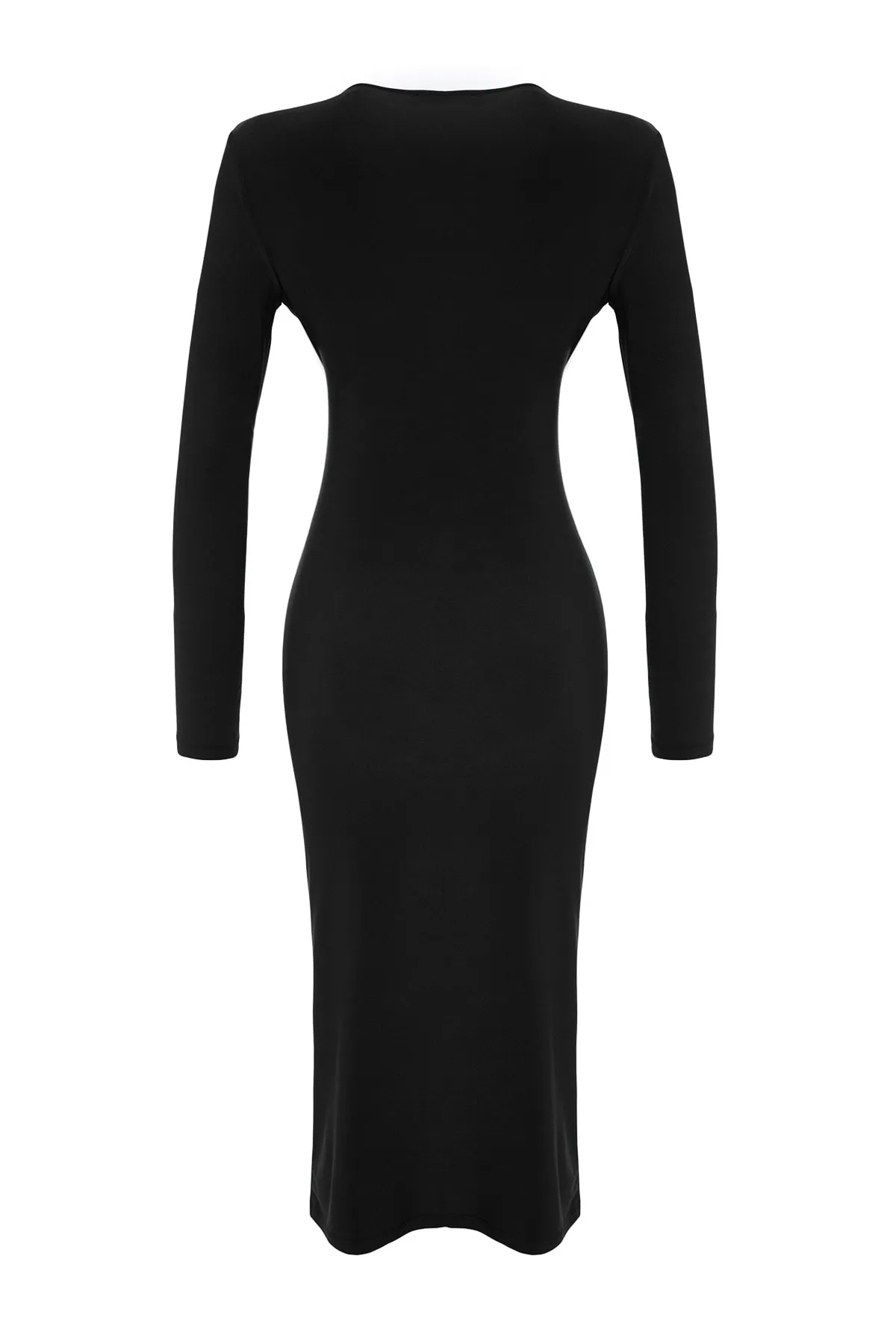 Trendyol Collection  Schwarzes drapiertes V-Ausschnitt tailliertes/tailliertes flexibles Midi-Strick-Bleistiftkleid TWOAW24EL00197