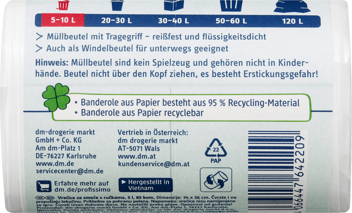 Müllbeutel 5 l mit Tragegriff für Kosmetikeimer, 85 St
