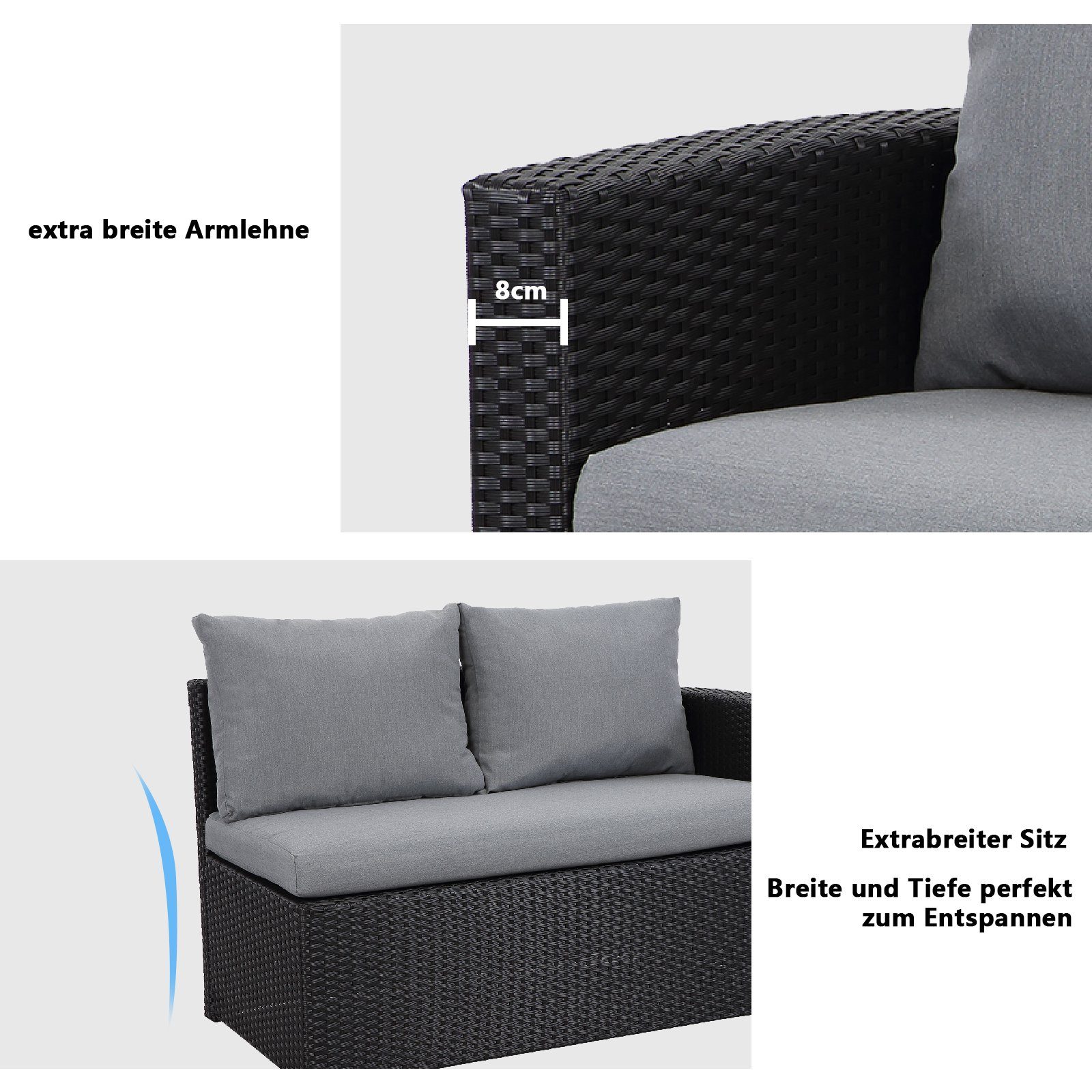 MeXo Gartenlounge-Set Polyrattan Gartenmöbel Set, (Terrassemöbel Set Lounge, 7-tlg., Ecksofa mit 3 x 2-Sitzer-Sofa, 3 Hocker, großer Esstisch 132x76x67 cm), Garten Essgruppe für 6-9 Personen