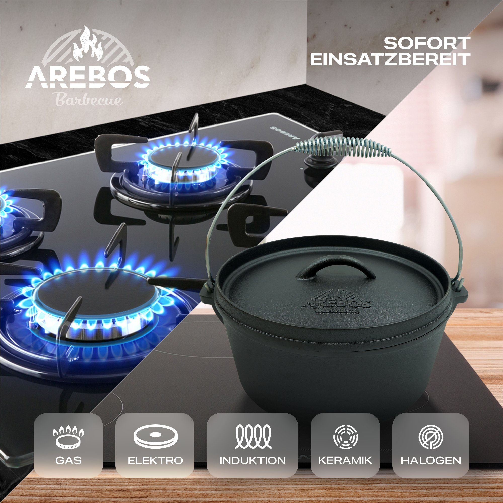 Arebos Topf-Set Dutch Over BBQ Set aus Gusseisen Feuertopf Schmortopf, (Set)