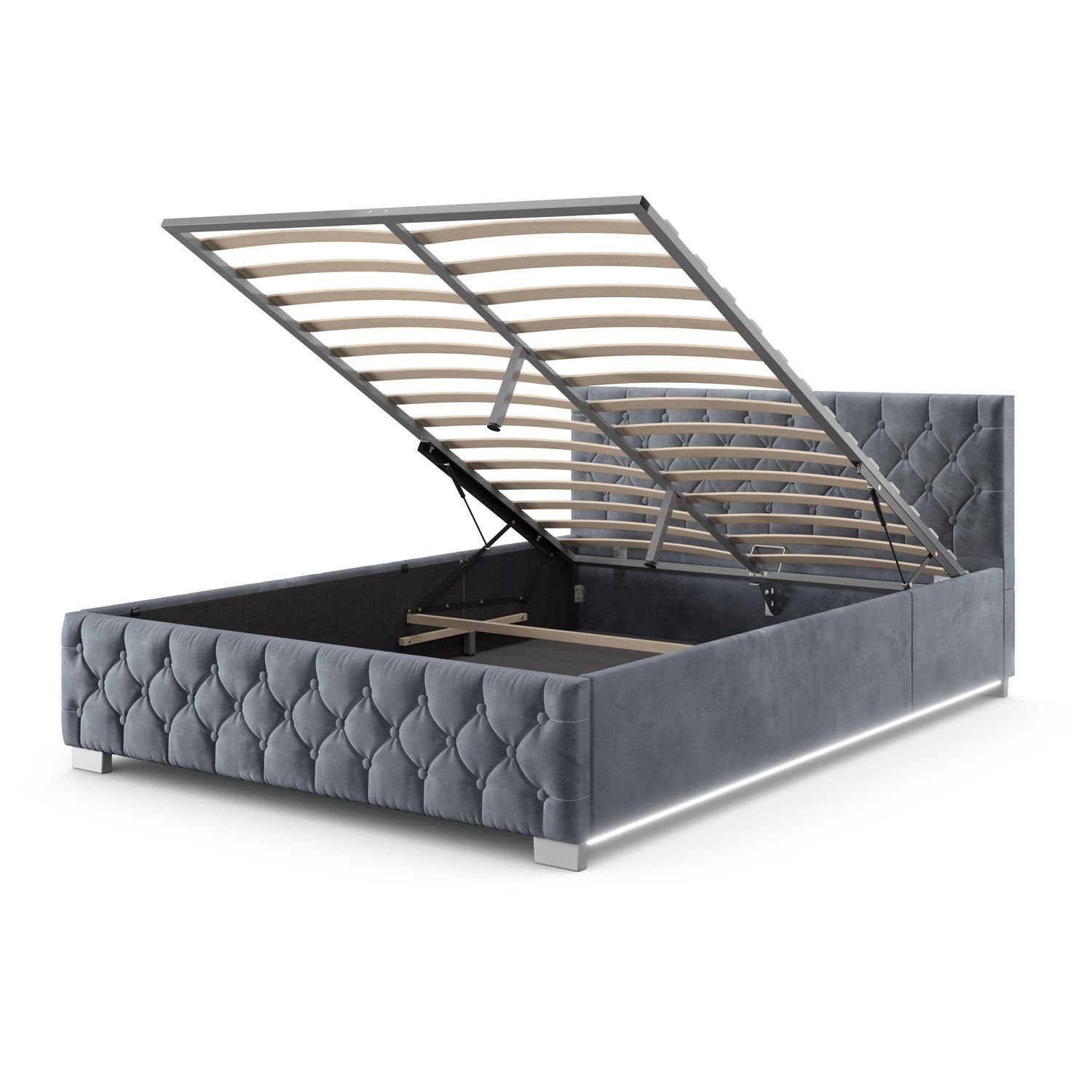 Juskys Polsterbett Nizza, Bettkasten, LED Licht, Chesterfield Steppung, Samtbezug