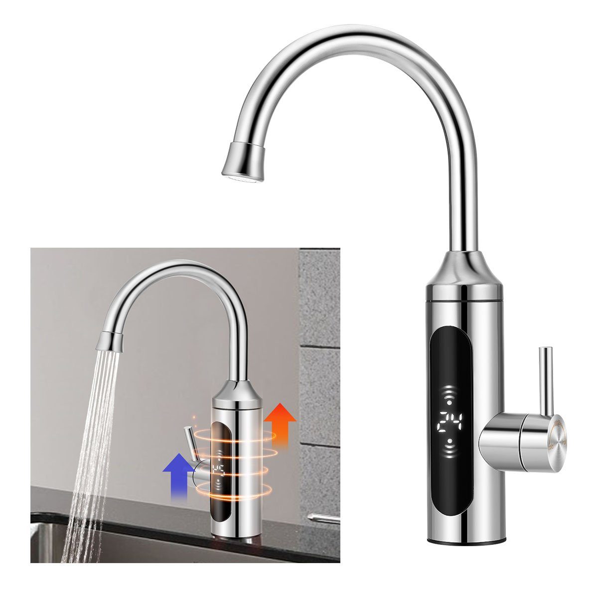 LETGOSPT Klein-Durchlauferhitzer 3000W Elektrisch Wasserhahn LED Temperaturanzeige 360° Drehbar Armatur