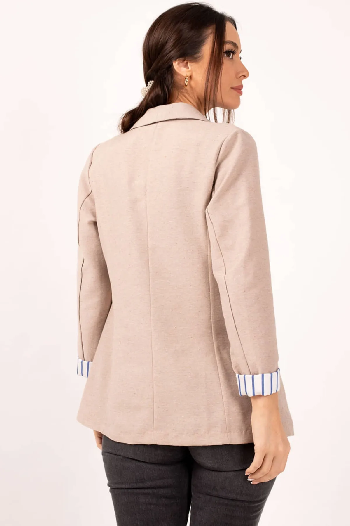 armonika  Damen-Jacke mit einem Knopf, beige, gestreift an der Innenseite der Ärmel, ARM-22K001122