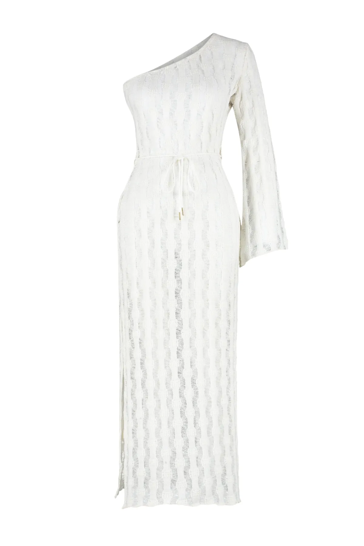 Trendyol Collection  Beigefarbenes One-Shoulder-Strandkleid im Maxi-Strick-Strick-Look mit Gürtel und Gürtel TBESS24EL00025