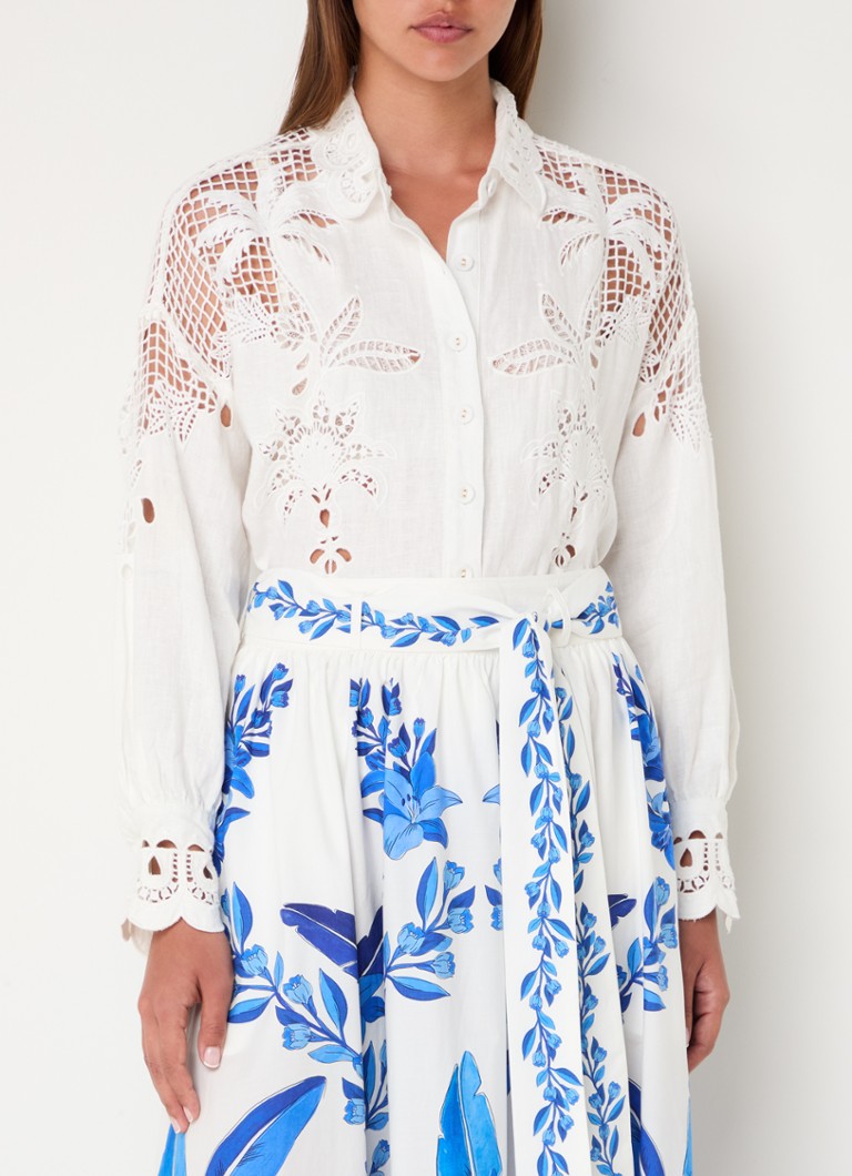 Farm Rio Palms Richelieu linen blouse with embroidery and openwork detail
