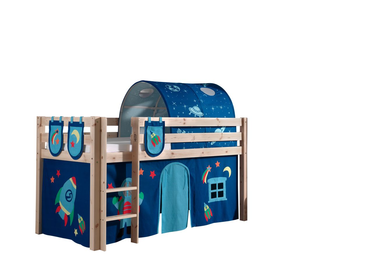 VIPACK Spielbett Pino mit Textilset Vorhang, Tunnel und 3 Taschen 