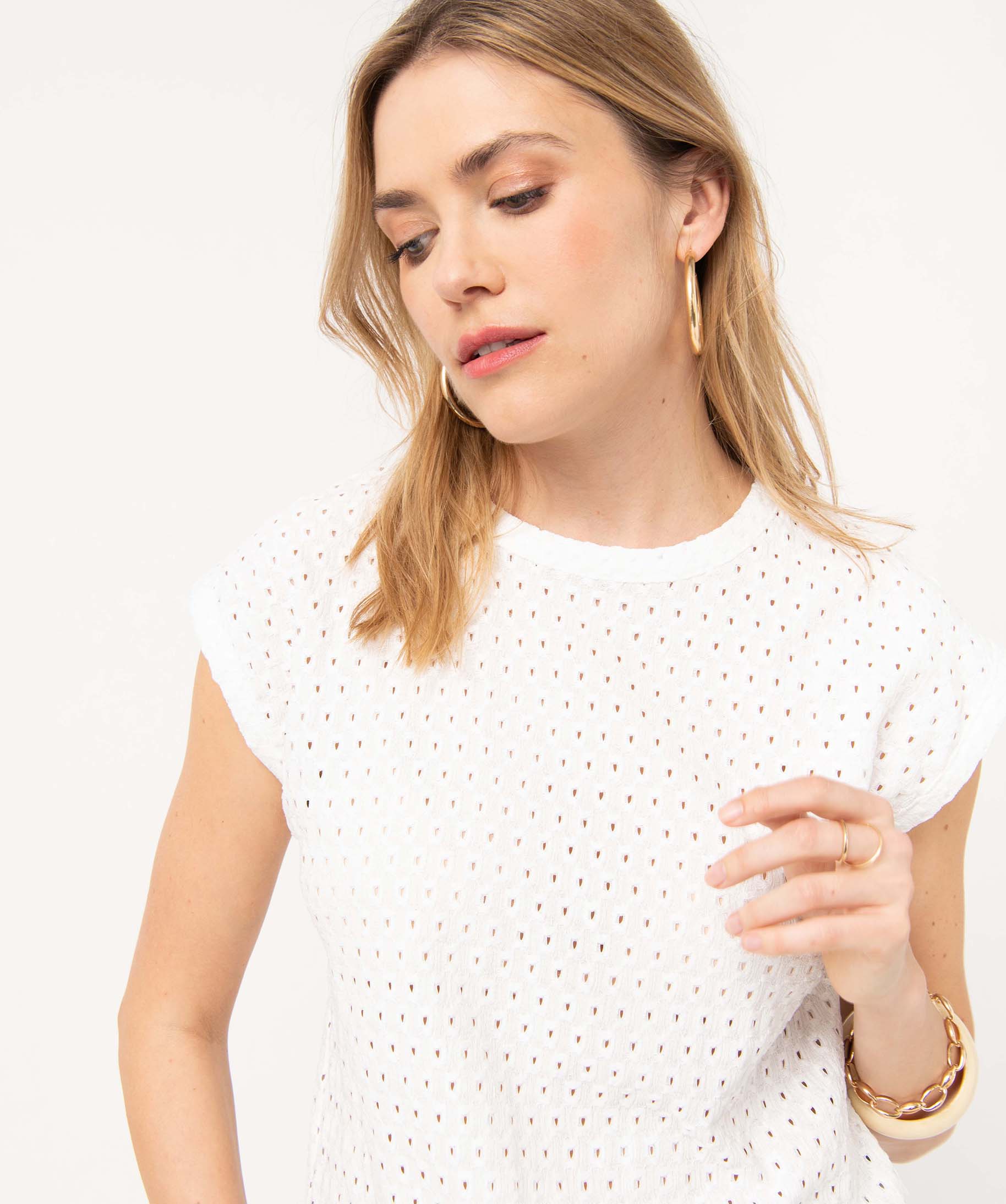 Tee-shirt femme à manches courtes en maille ajourée ecru | GEMO