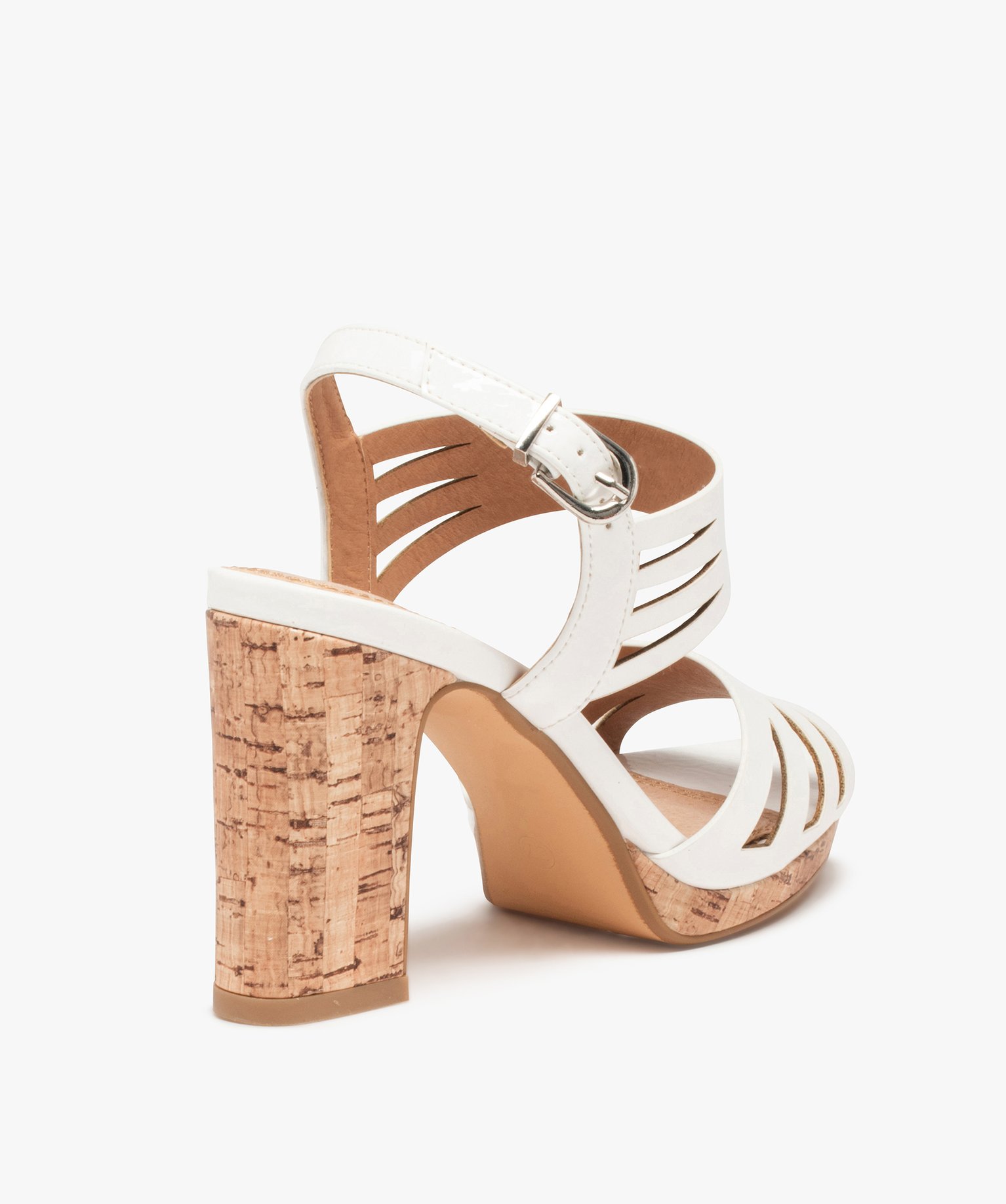Sandales femme à talon liège et brides vernies blanc | GEMO