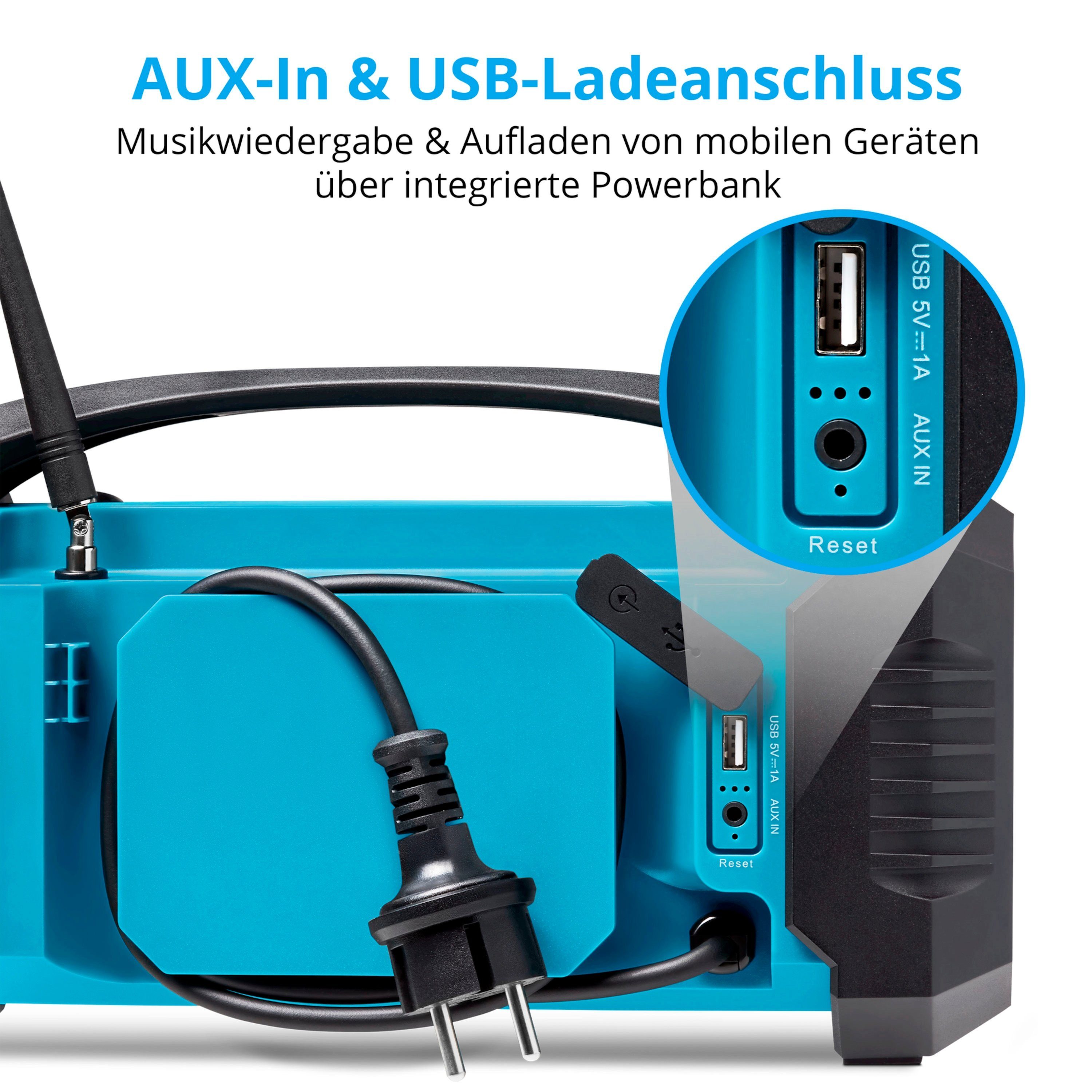 Medion® E66050 DAB+/PLL Bluetooth 5.0 Li-Ion Akku 15W RMS blau Baustellenradio (AM/FM, DAB+, MW/UKW, 15 W, MD43320)