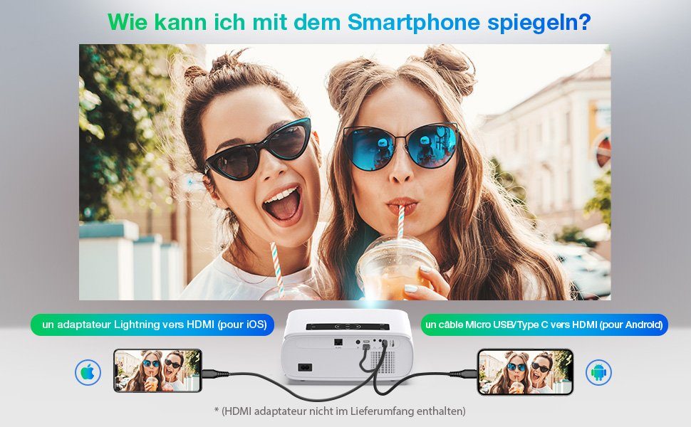 HOPVISION Native 1080P 4K unterstützt Portabler Projektor (10000 lm, 12000: 1, 1920x1080 px, Maximal 350''Display langlebig, vielseitig vernetzbar mit SRS-Sound)
