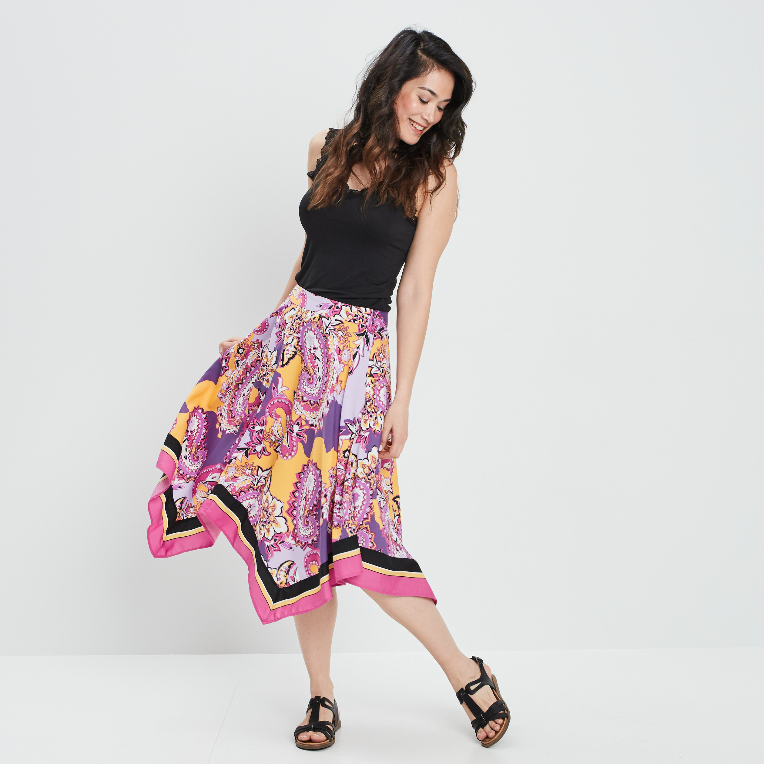 Jupe midi évasée asymétrique violet femme | La Halle