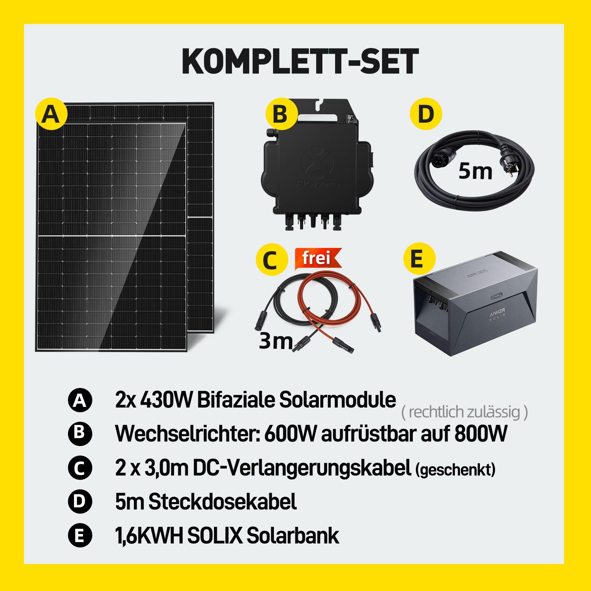 E.For.U Solarmodul Balkonkraftwerk 860W/800W Photovoltaik Mini-PV Anlage, 800,00 W, Monokristallin, (860W mit 2x430W Bifazialer Glas-Glas Solarmodule Komplettset, Wechselrichter 600W/800W einstellbar, mit 1,6KWH Speicher, 0% MwSt), inkl. 5m Kabel