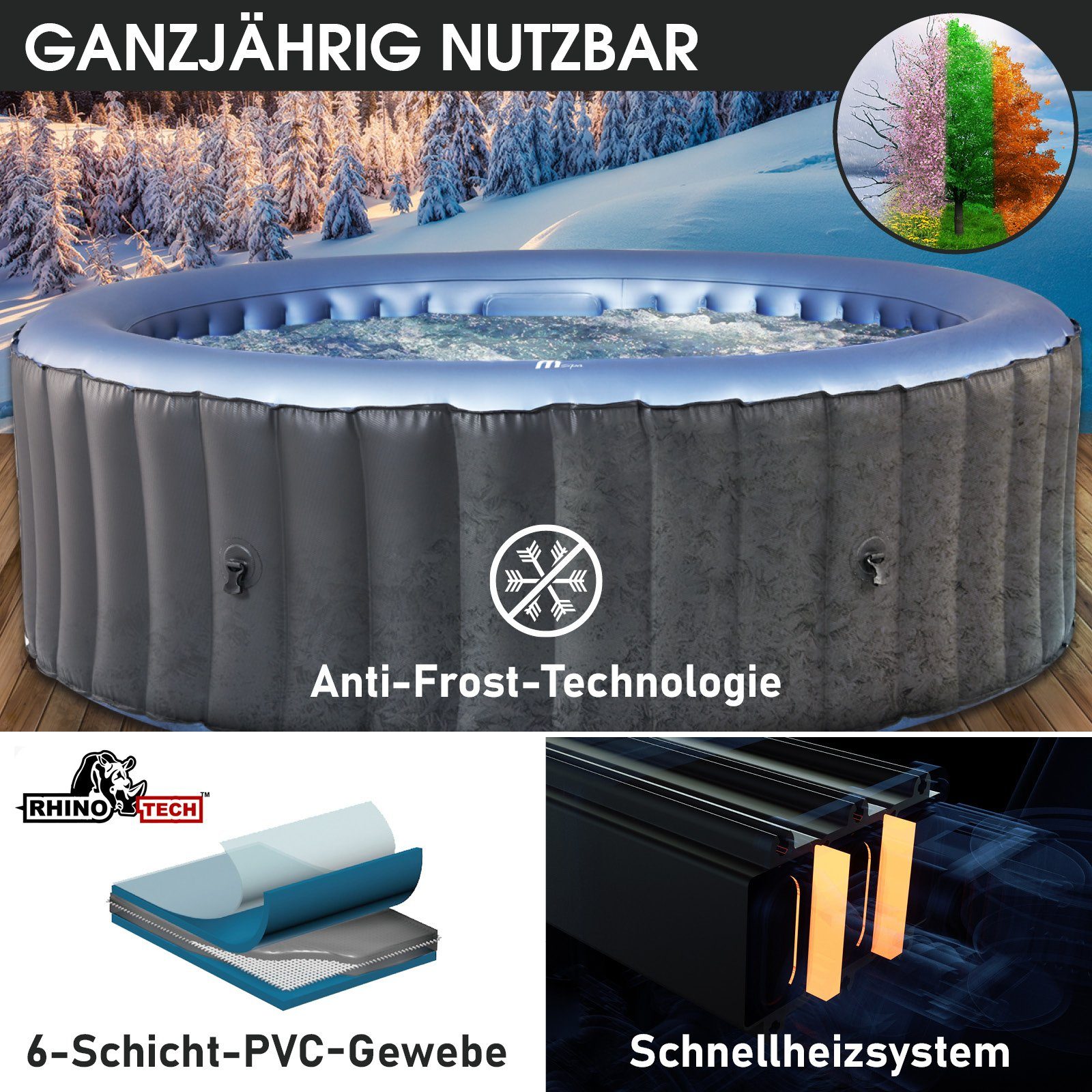 BRAST Whirlpool aufblasbar MSpa Bergen für 4-8 Personen, viele Größen Ø180-224cm, (In- Outdoor Pool, Ganzjähriger Einsatz, bis zu 144 Massagedüsen), Stromsparend inkl. Energiespar-Timer