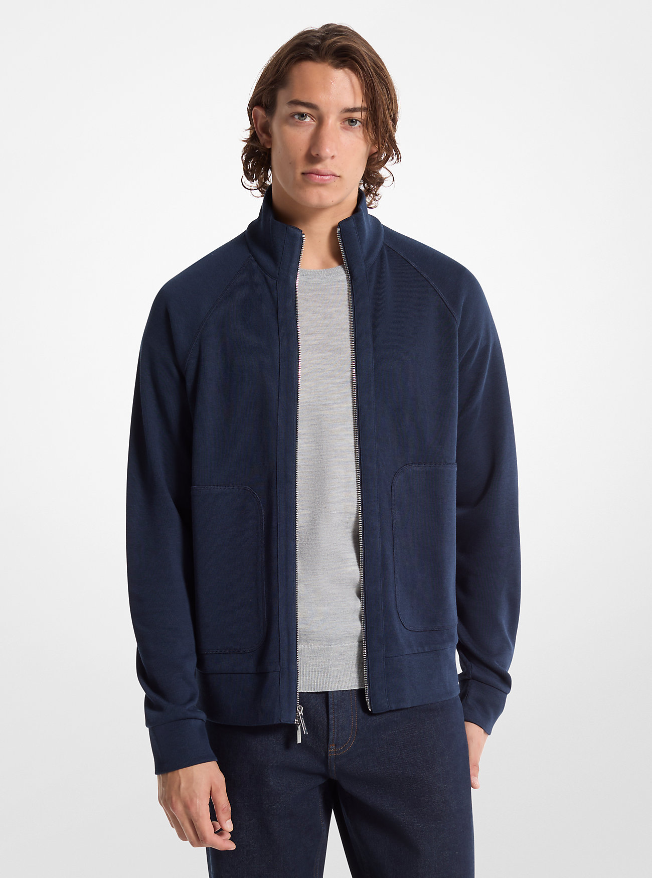 Ribbed Cotton Blend Knit Jacket - MIDNIGHT