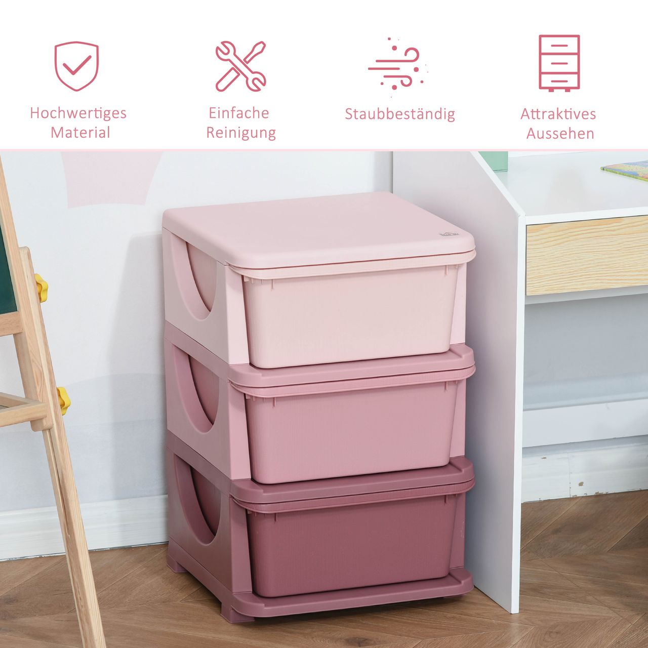 HOMCOM Schubladenschrank für Kinder mit Stauraum Aufbewahrungsboxen Spielzeug-Organizer Spielzeugkiste drei Ebene für Kinderzimmer 3-6 Jahre Kindermöbel Rosa 37 x 37 x 56,5 cm