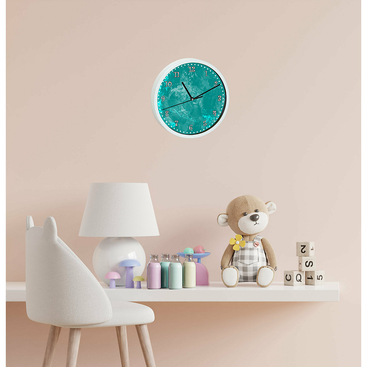 Kinder Wanduhr personalisiert mit Name Traum Petrol