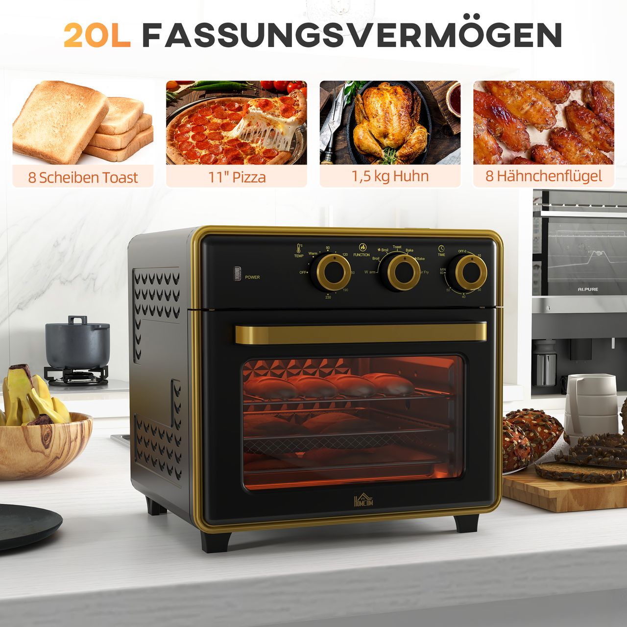 HOMCOM Minibackofen 20L, Pizza-Ofen mit Umluft, Heißluftofen mit Backblech