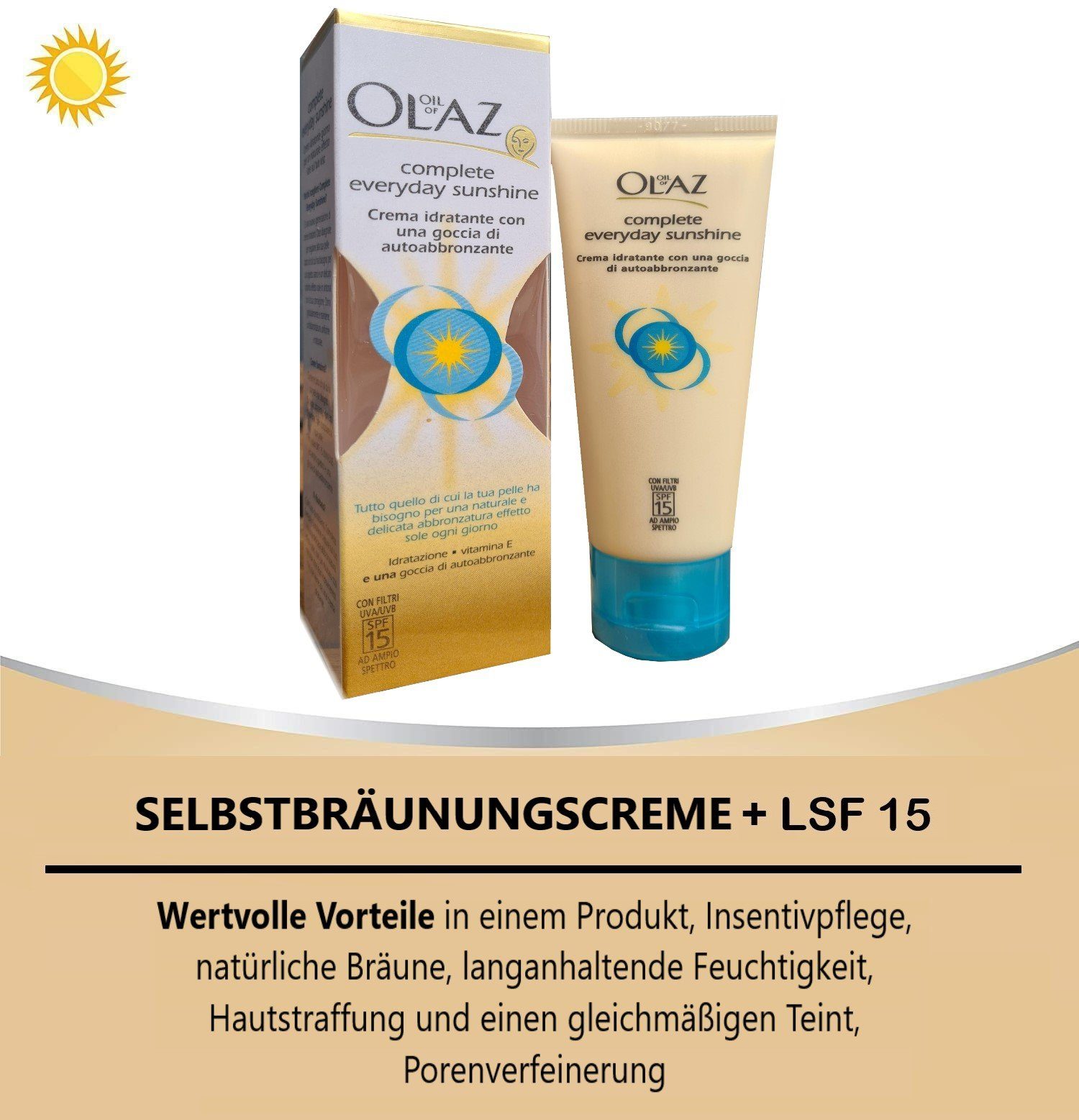 OLAZ Selbstbräunungscreme Total Complete Everyday Sunshine 40ml Gesicht Selbstbräunungscreme, und Make up für natürliche & fleckenfreie Bräune, straffung, jüngeres Aussehen, Anti Falten Hautcreme Naturkosmetik Anti-Aging Tagescreme mit Vitamin E Beau