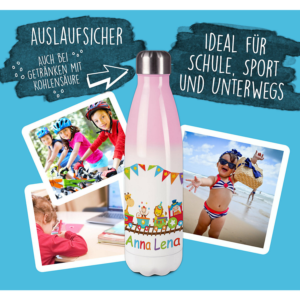 Edelstahl Kinder Thermoflasche / Trinkflasche bunt Zug Spülmaschinenfest, Auslaufsicher, Bruchfest, Doppelwandig, Für Heißgetränke geeignet, Mit Deckel, Isoliert