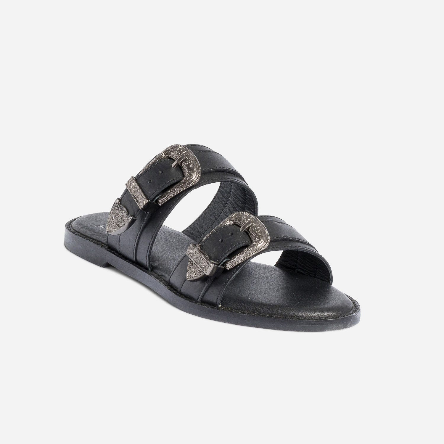 Mule TEXTO noire en cuir à boucles western