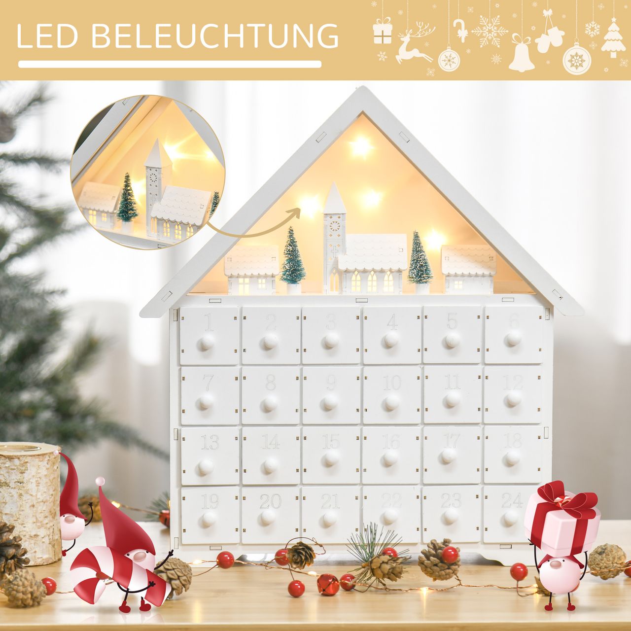 HOMCOM Adventskalender Weihnachtsdekoration 24 Schubladen LED klassisch