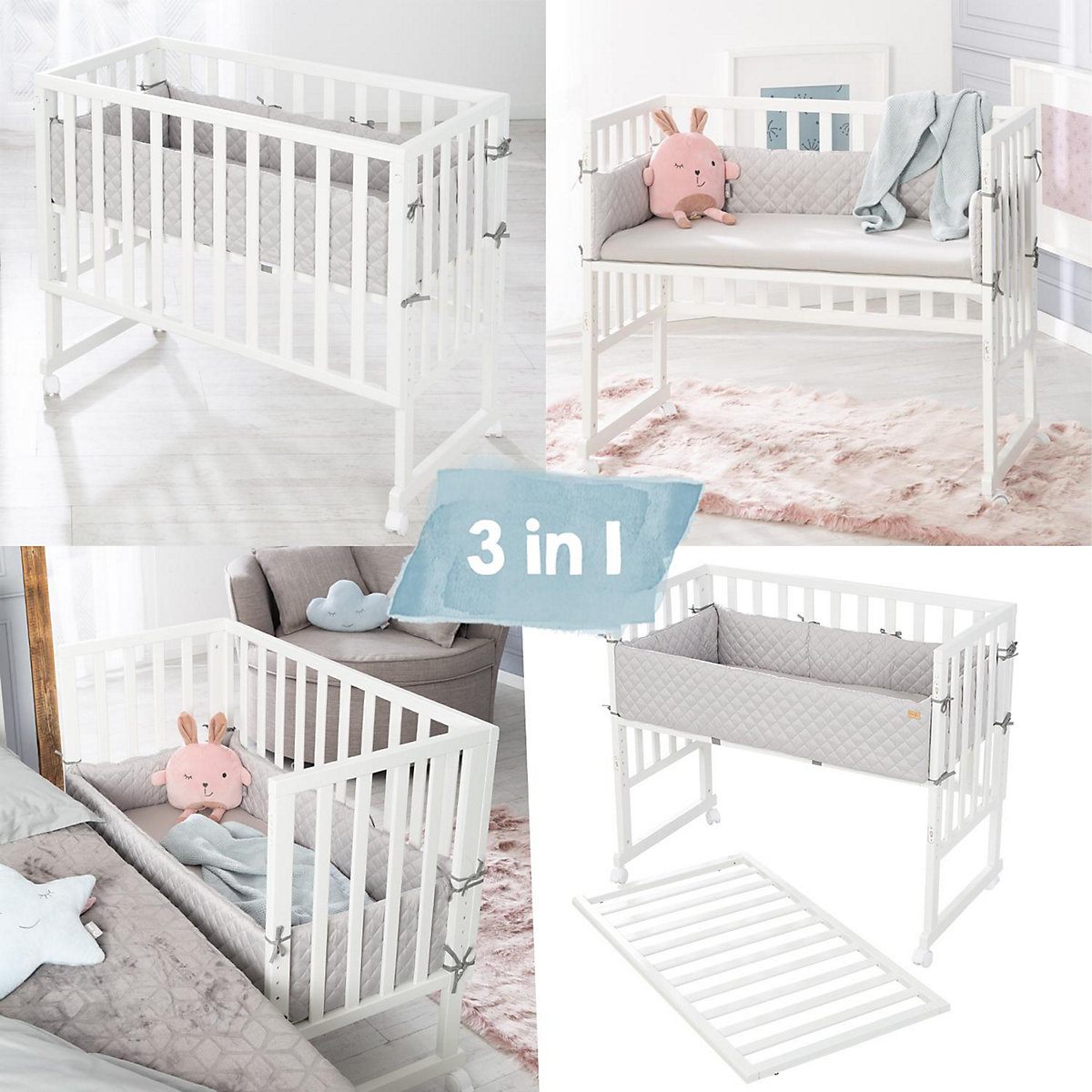 Stuben- & Beistellbett 3in1 mit Barriere roba Style grau