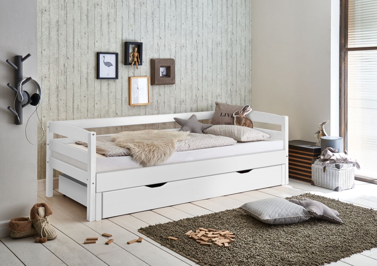 Relita Funktionsbett Emilia - ca. 90 / 180 x 200 cm, Buche massiv, weiß lackiert, inkl. Bettschublade