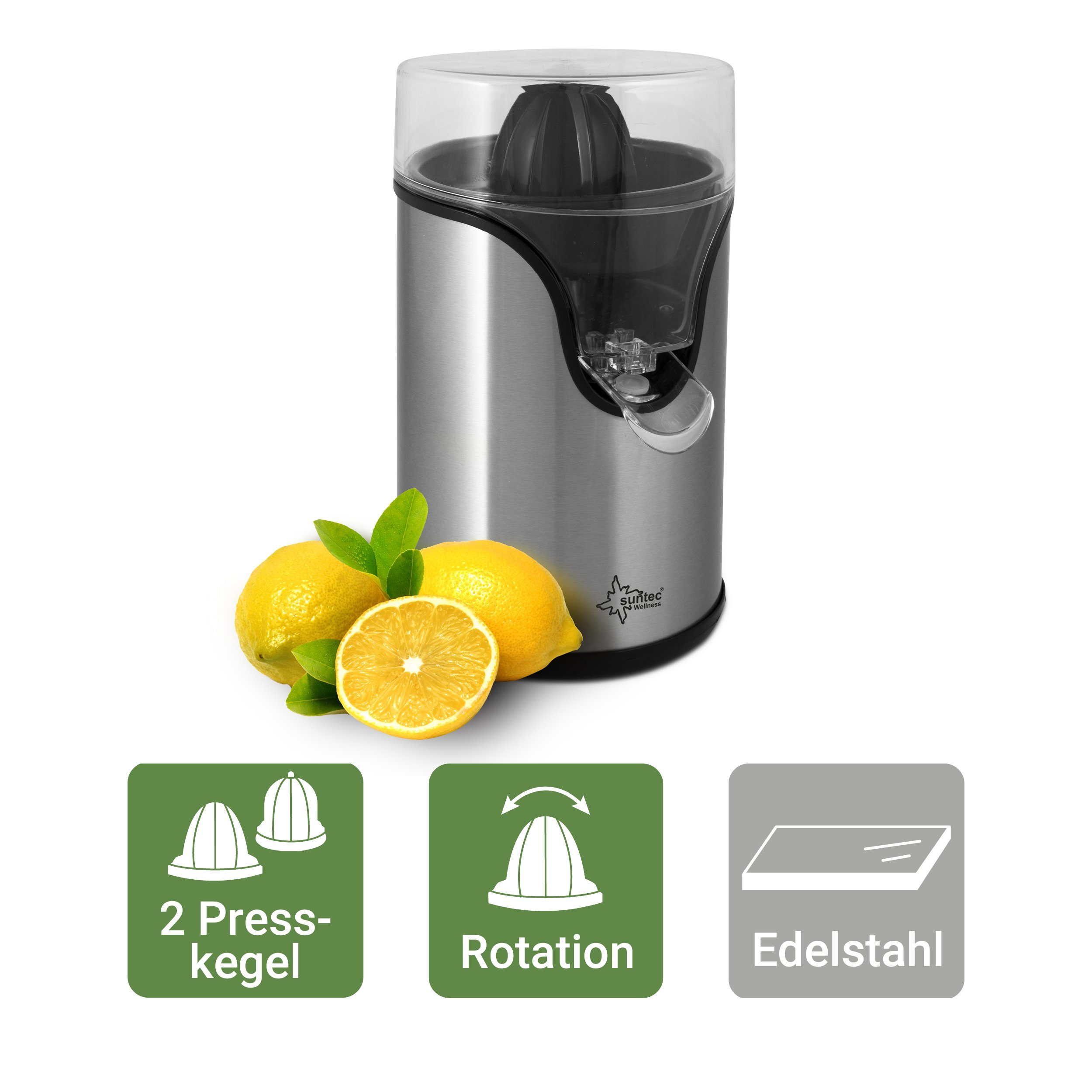 Suntec Wellness Zitruspresse ZIP-8434 design, 100,00 W, Elektrischer Entsafter mit 2 Presskugeln, Saftpresse aus Edelstahl