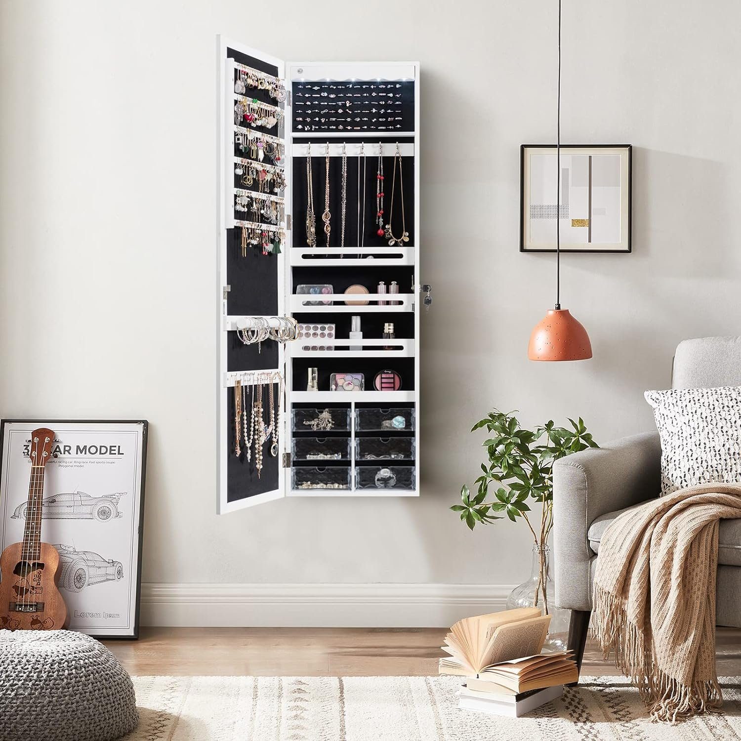 KOMFOTTEU Schmuckschrank mit Spiegel mit 5 LED-Lichtern