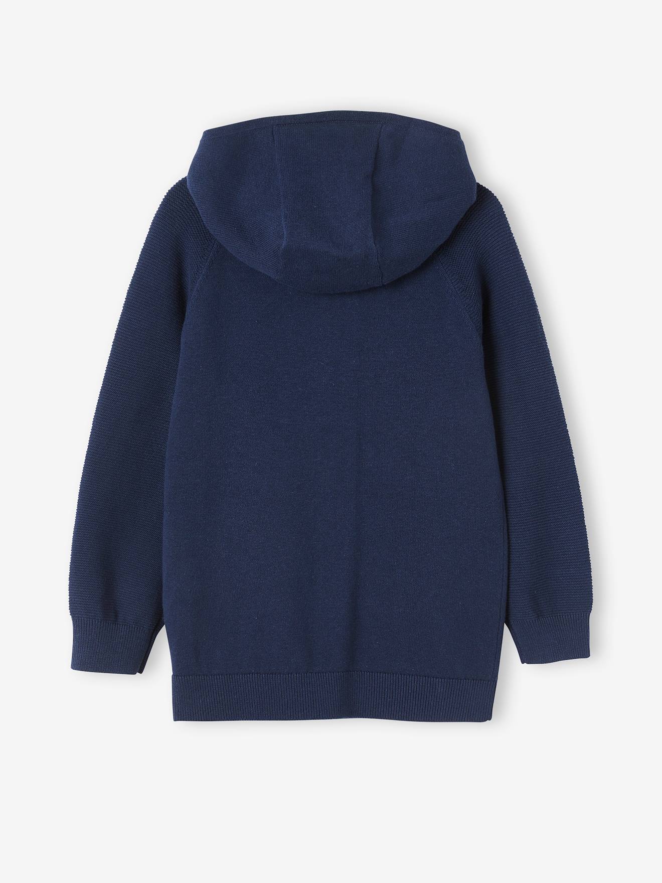 Gilet à capuche manches point mousse garçon bleu