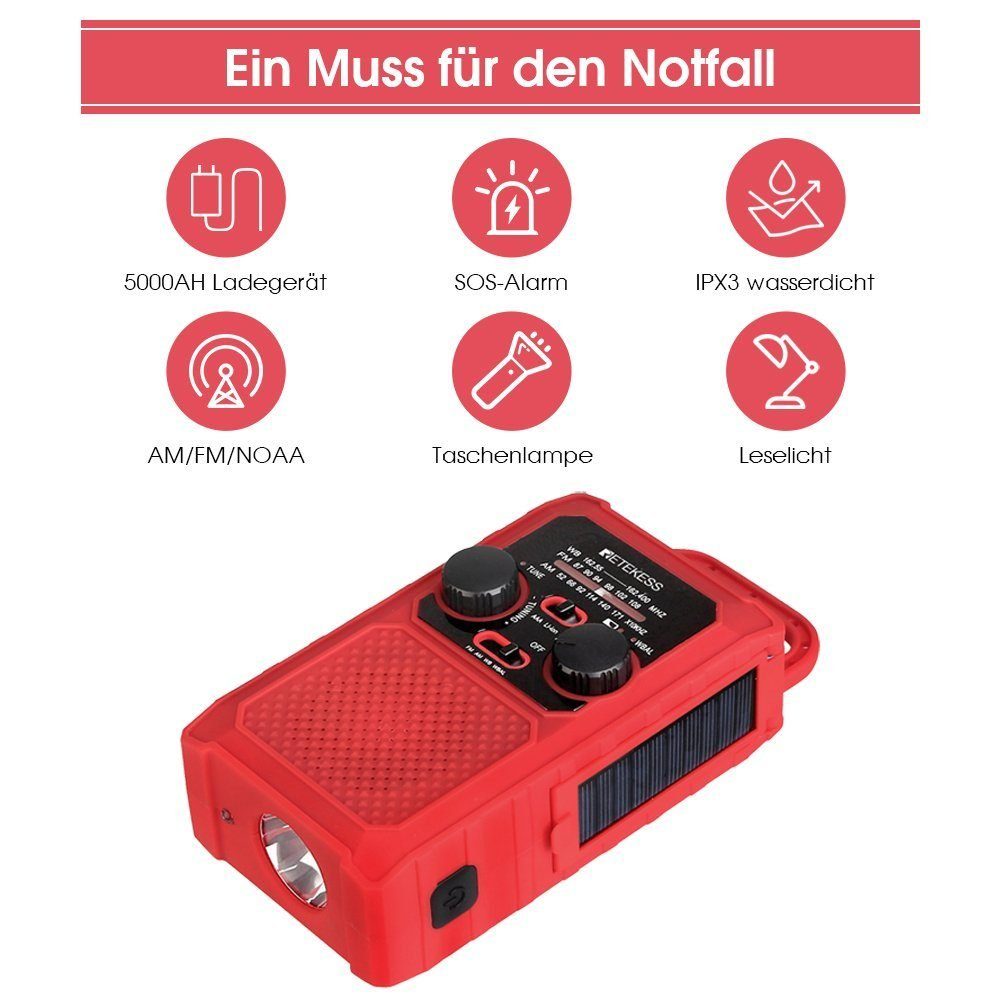 Retekess TR201 tragbares Notfallradio IPX3 wasserdicht, 5000mAh AM/FM Notfallradio (IPX3 wasserdicht, 5000mAh Wiederaufladbare Batterie, SOS-Alarm)