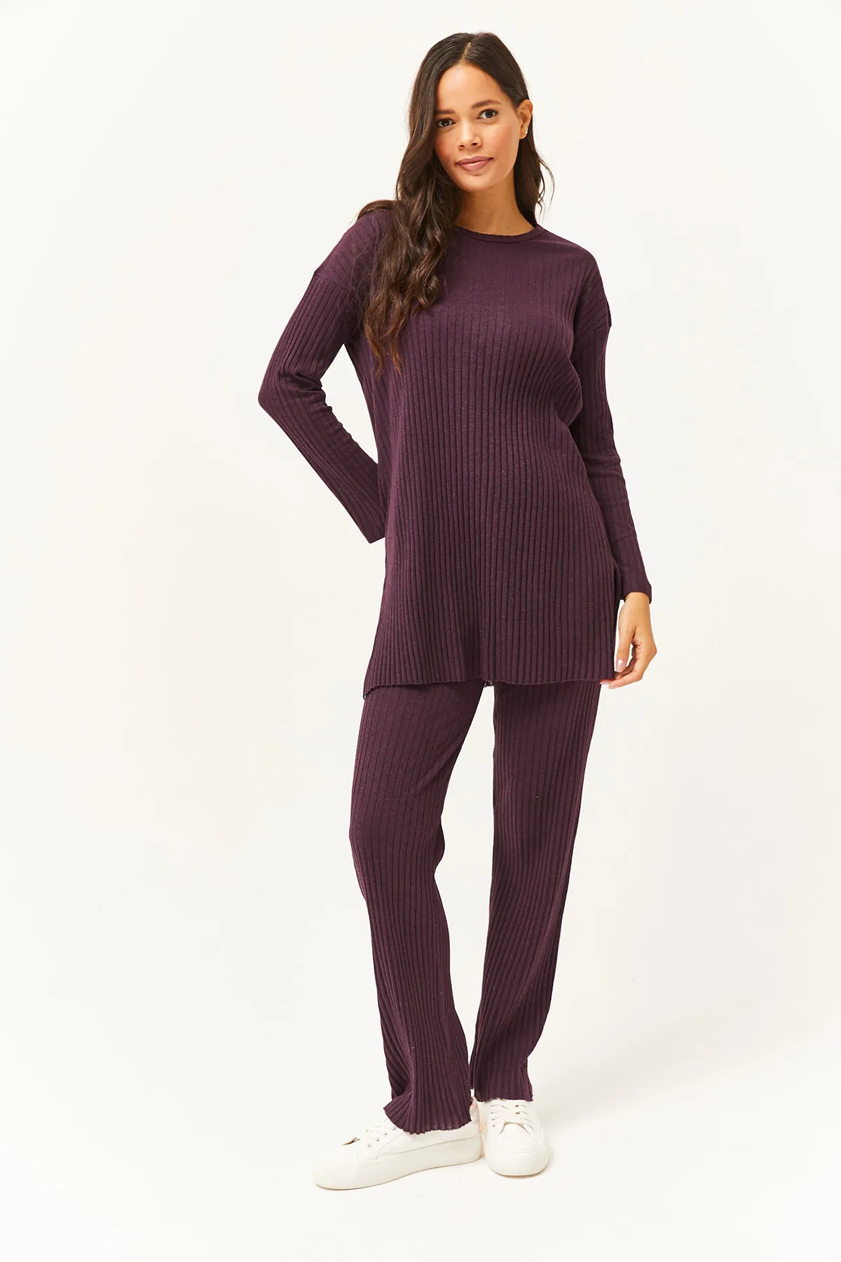 Olalook  Damen Pflaumenfarbenes Oberteil mit Schlitz, Bluse, Unterteil, Palazzo, Kordelzug, Anzug TKM-19000180