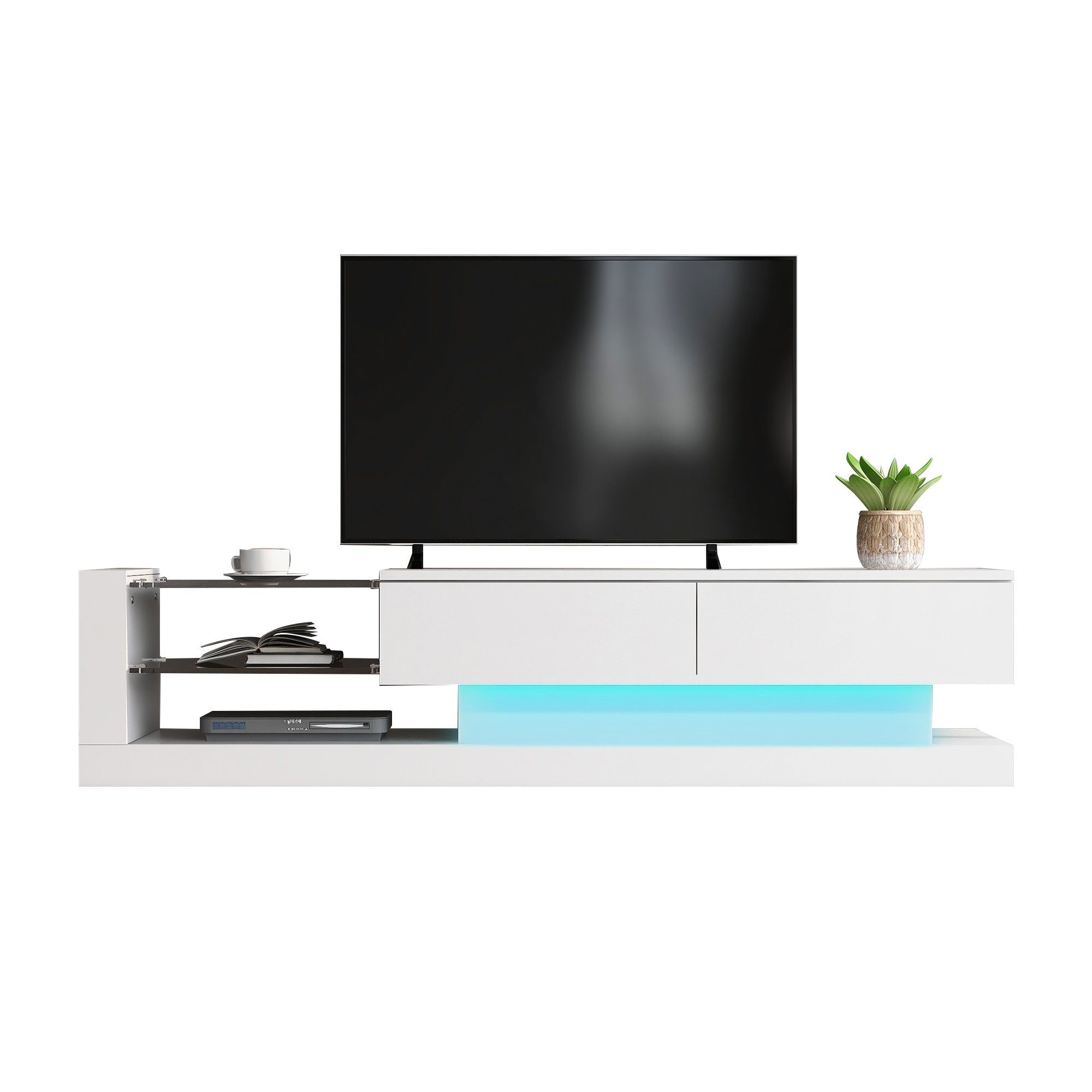 OKWISH TV-Schrank TV-Schrank hochglanz mit Klapptüren (Breite:140cm) TV-Schrank, mit Glasablagen und LED-Beleuchtung