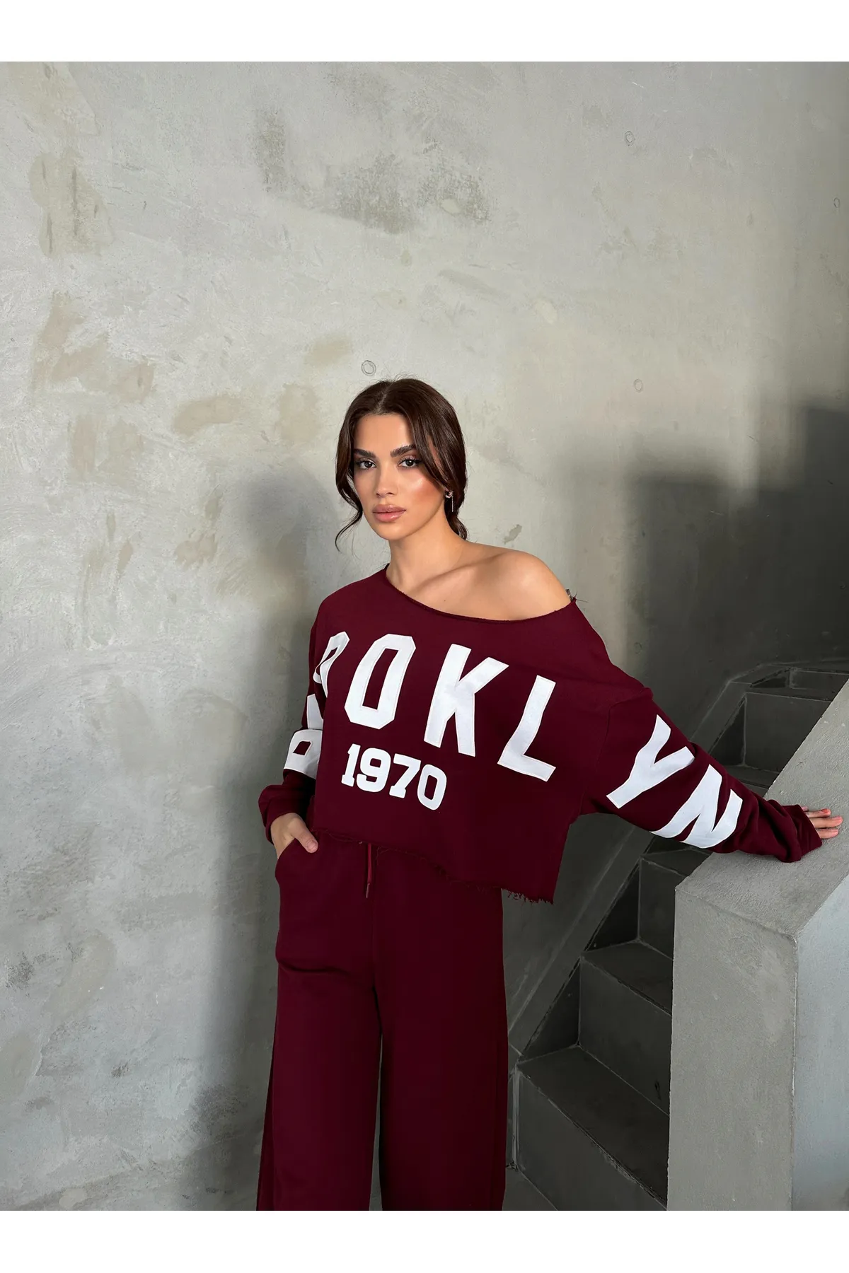 Laluvia  Bordeauxrotes Trainingsanzug-Set mit Aufdruck „Brooklyn 1970“