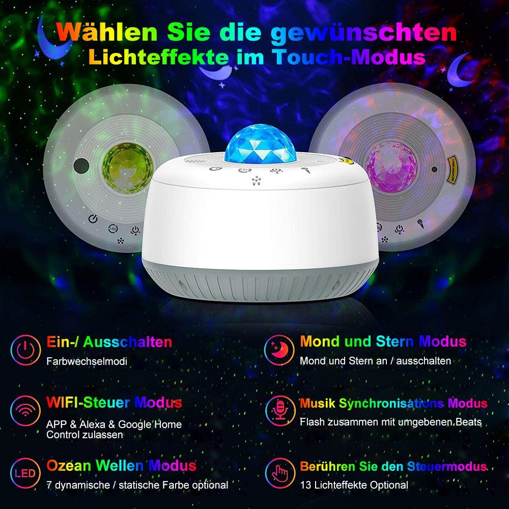Rosnek LED Nachtlicht Sternenhimmel Projektor, Smart Wifi, Lautsprecher, APP, Starry Mond Stern, Mit Ozeanwelleneffekt