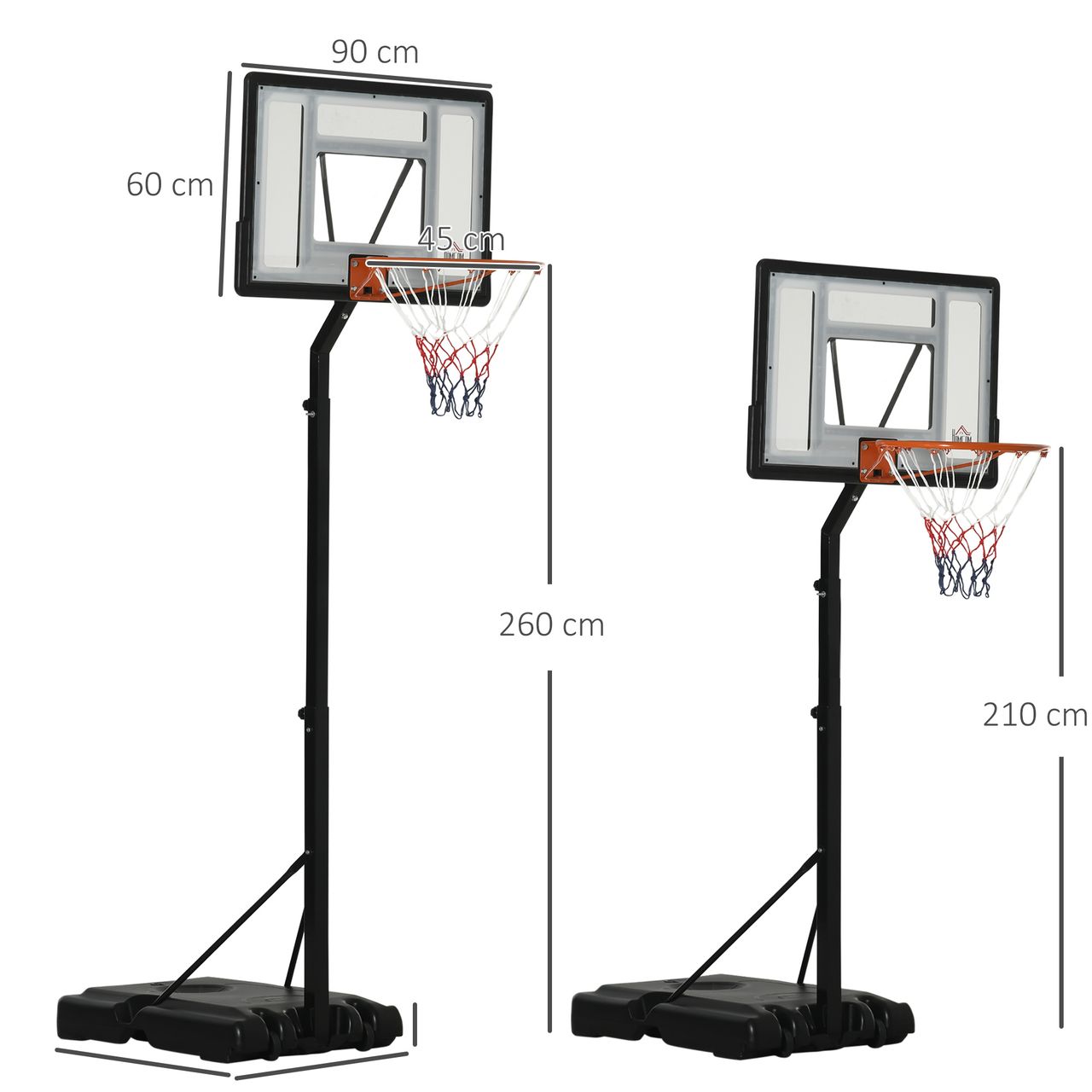 HOMCOM Basketballständer mit Rädern rollbar 260-310 cm höhenverstellbar Basketballkorb mit Ständer geeignet für den Außen- und Innenbereich Stahl Kunststoff Schwarz