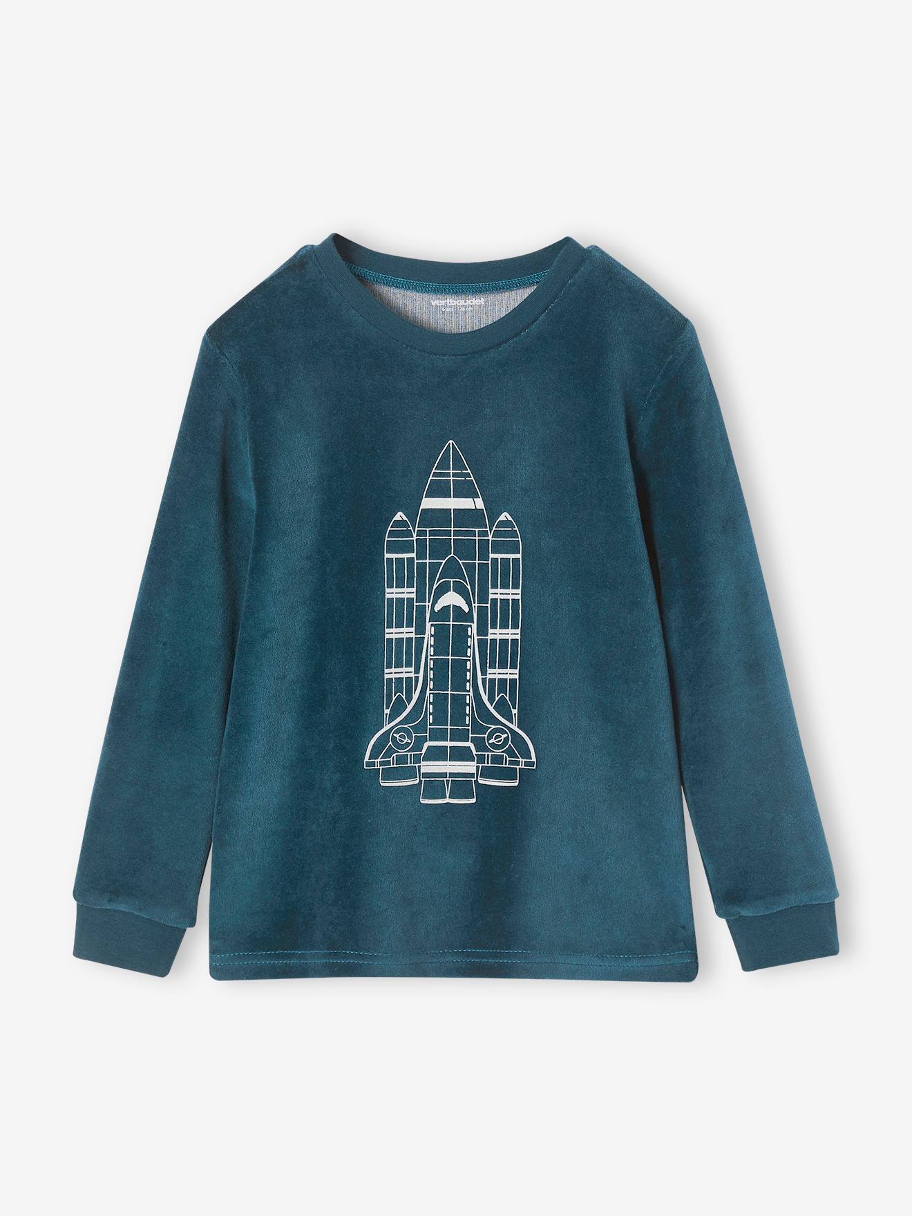 Pyjama velours avec fusée phosphorescente garçon bleu canard