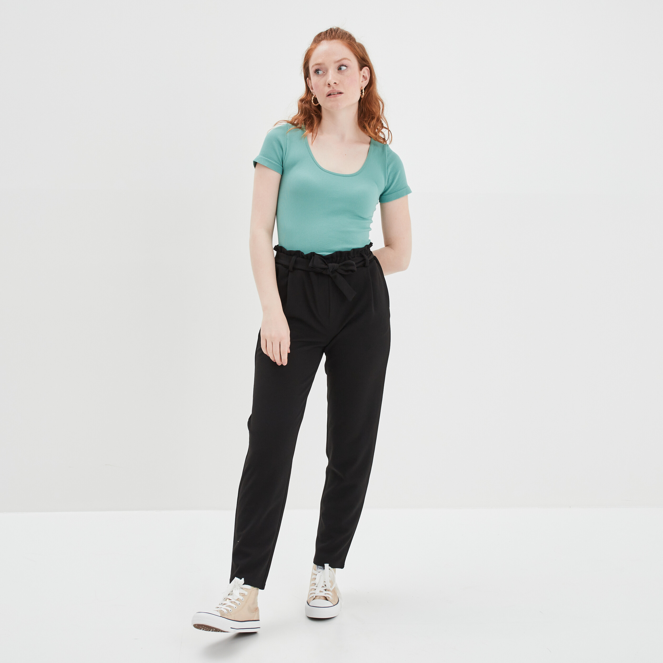 Pantalon city paperbag ceinturé noir femme | La Halle