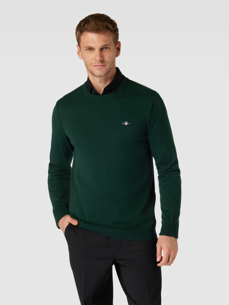 Strickpullover mit Rundhalsausschnitt und Label-Stitching in dunkelgrün