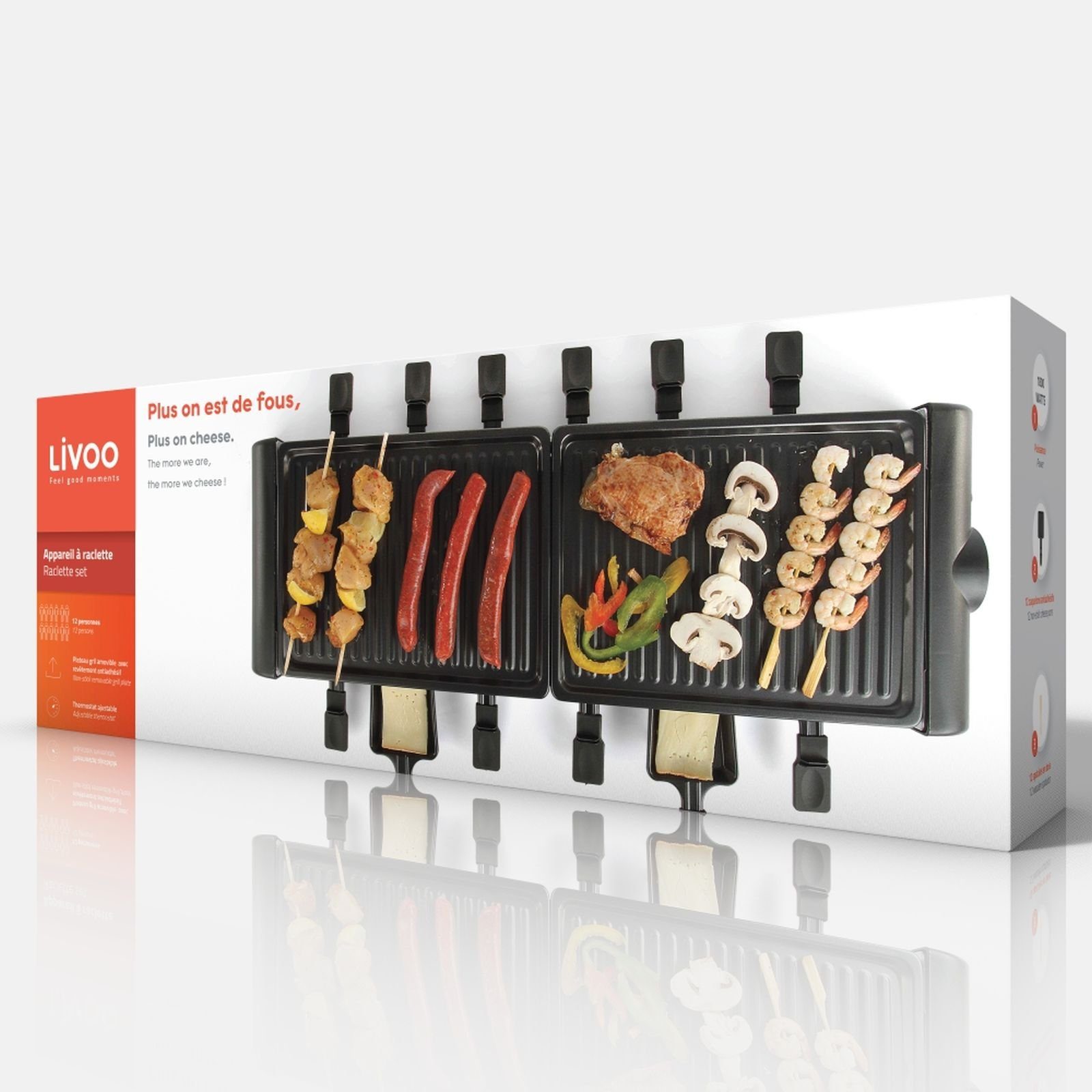 LIVOO Raclette LIVOO Raclette-Grill Raclette-Party-Set 12 Personen DOC185, 12 Raclettepfännchen, 1800,00 W, Antihaftbeschichtung, abnehmbare Grillplatten, rutschfeste Füße