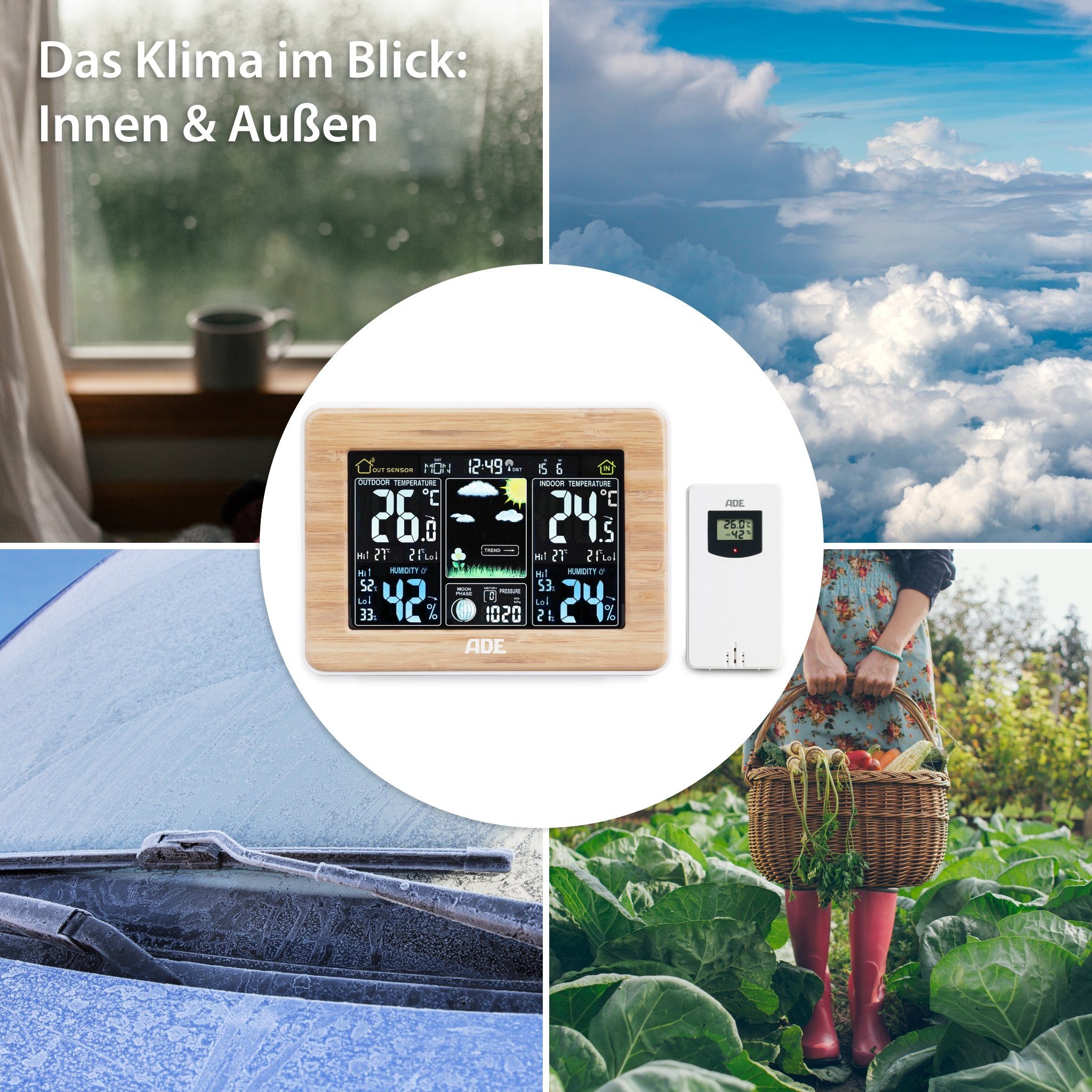 ADE Wetterstation Funk mit Außensensor, mit animierter Vorhersage Funkwetterstation (mit Barometer, LED-Farbdisplay, Funkwecker, Bambusrahmen)