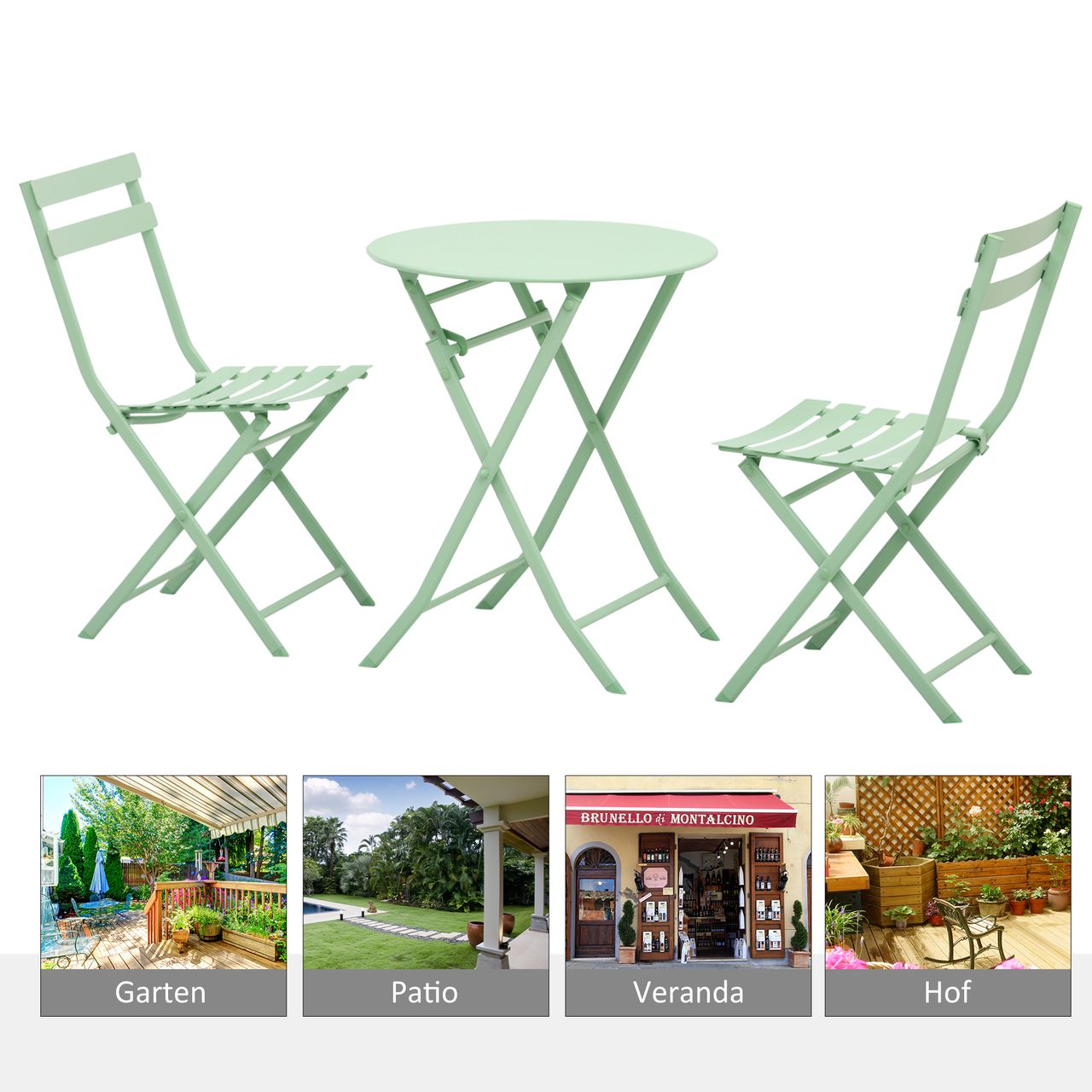 Outsunny 3-tlg. Gartenset Garnitur Bistrotisch mit 2 Stühlen für Hof Garten klappbar Grün