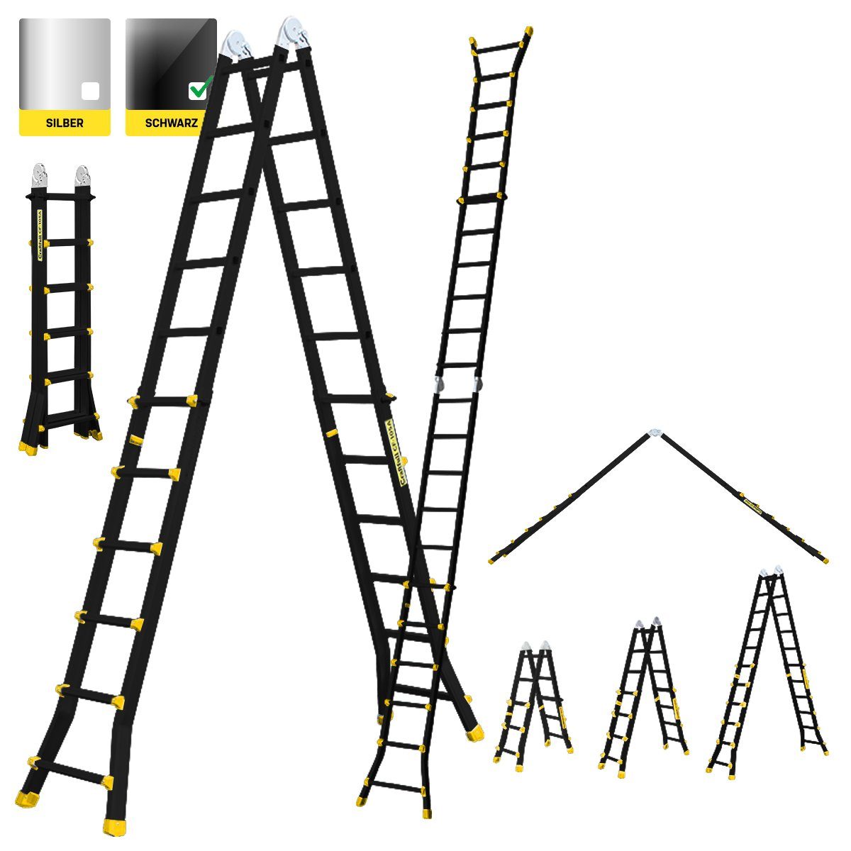 Craftfull Teleskopleiter 4in1 Treppenleiter CF-105A - 3 Jahre Garantie - 6,25 m - Aluminium (Black-Edition - 150 kg Traglast - Mehrzweckleiter Alu Stehleiter bis 150 kg - Anlegeleiter - Trittleiter - Wandleiter - Arbeitsbühne - Haushaltsleiter - Ausz