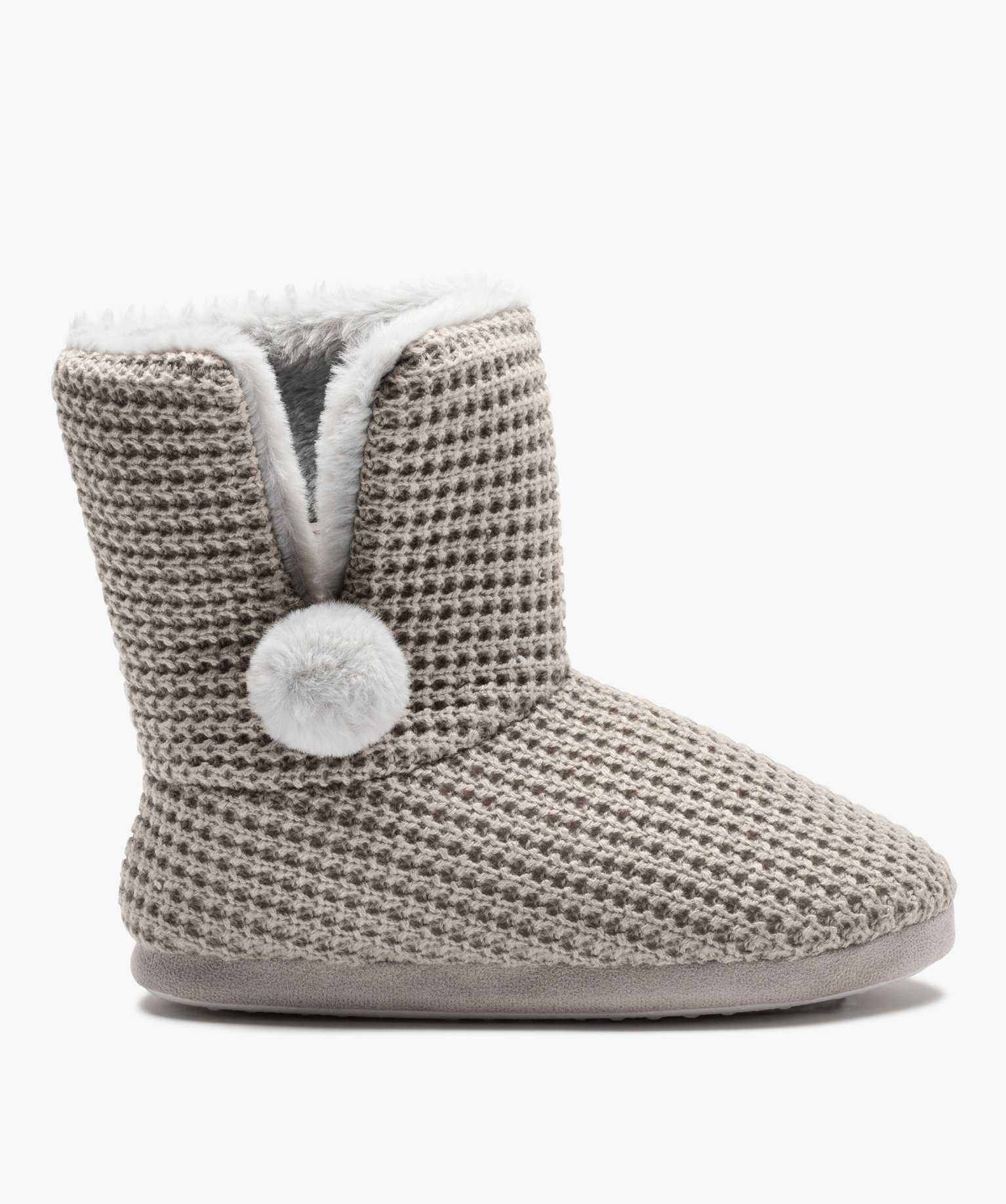 Chaussons femme boots dessus maille et intérieur fourré gris | GEMO