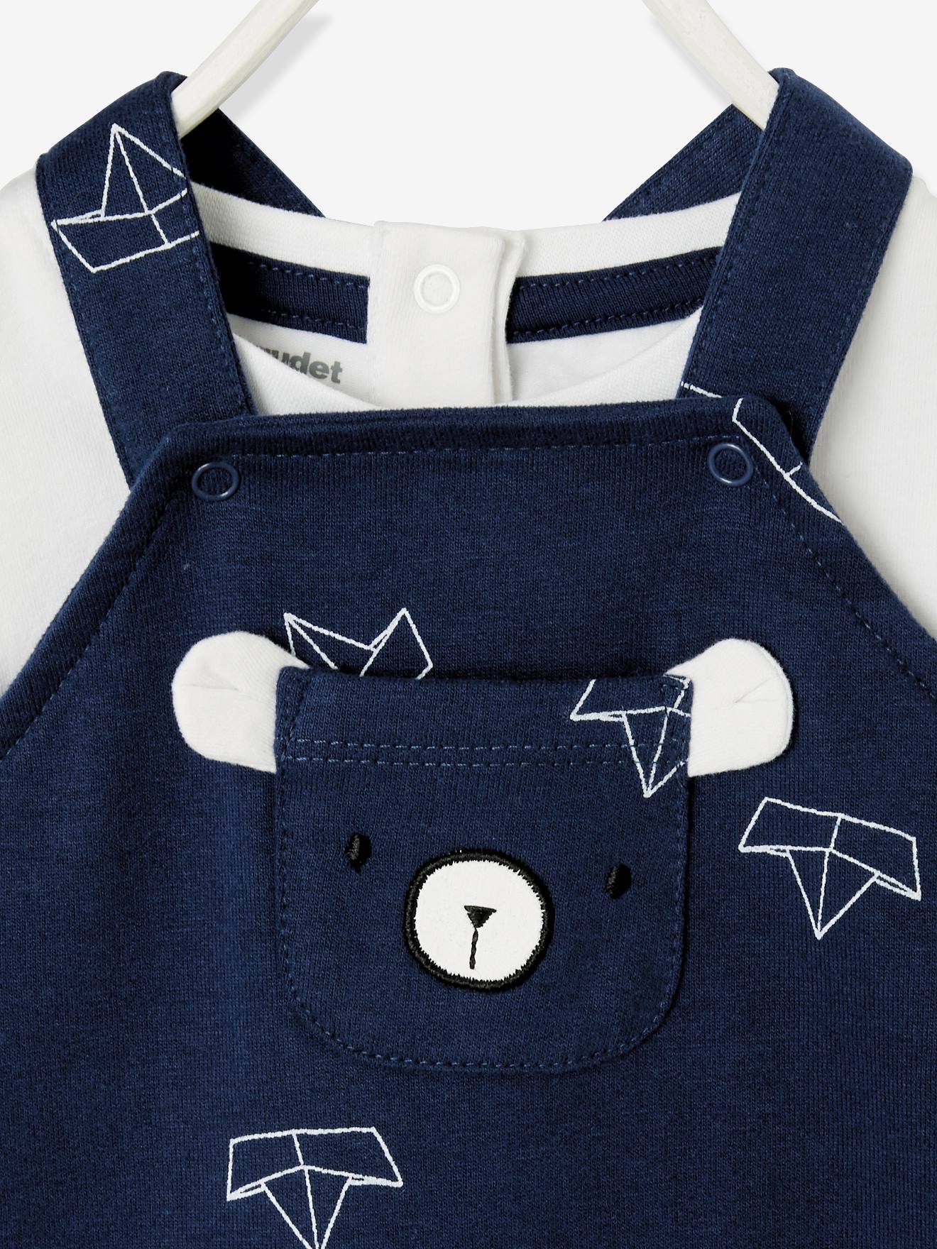 Ensemble bébé naissance bob, body et salopette bateaux blanc/bleu