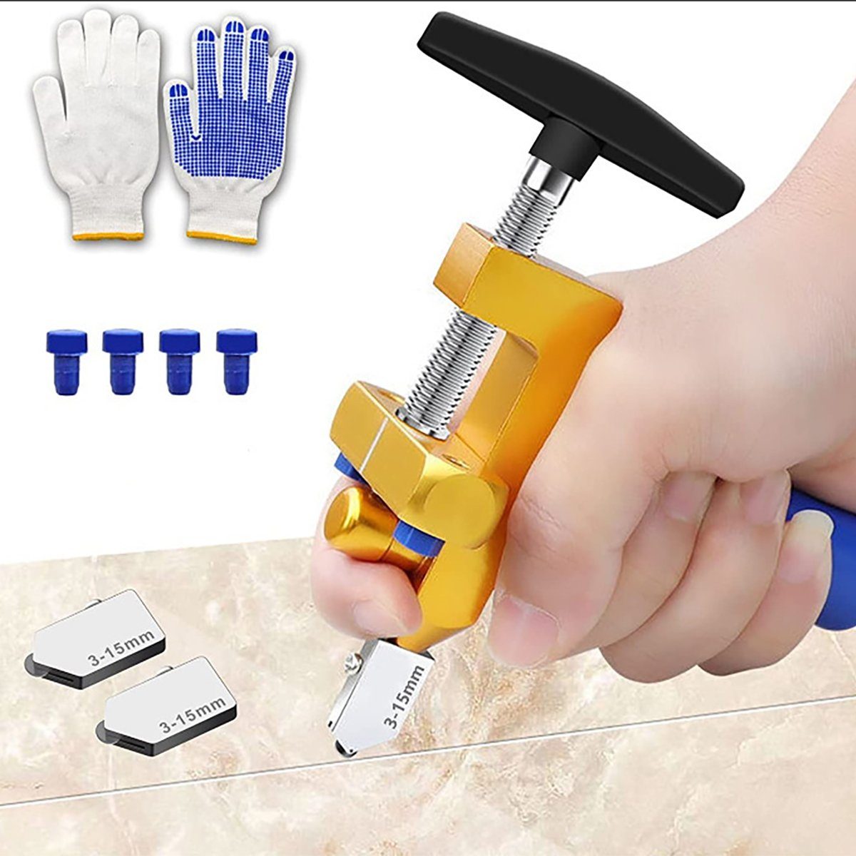 flowgoer Fliesenschneider 2-in-1 professioneller Glas- und Fliesenschneider, 1-tlg., Mit 2 Hartmetall-Schneidköpfen (3-15 mm) und 4 Kontaktfüßen