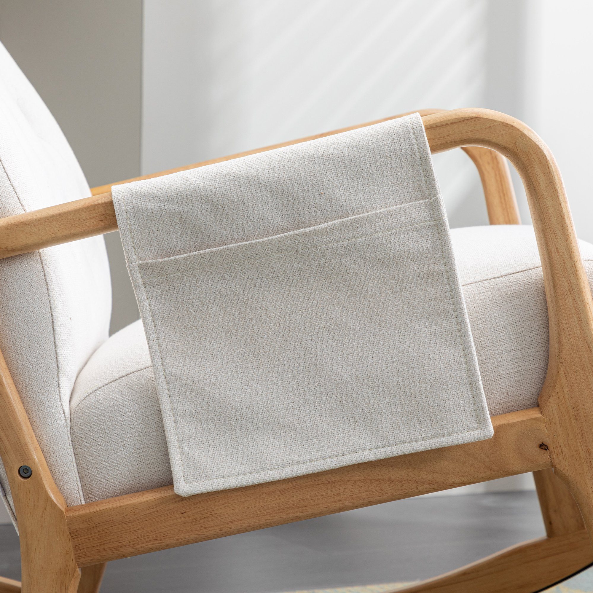 WISHDOR Relaxsessel Schaukelstuhl Relaxsessel Schaukelsessel, Relaxstuhl, mit Hocker (Leinen, Mit Seitentaschen, mit Hocker), Kissen und Rückenlehne integriertes Design